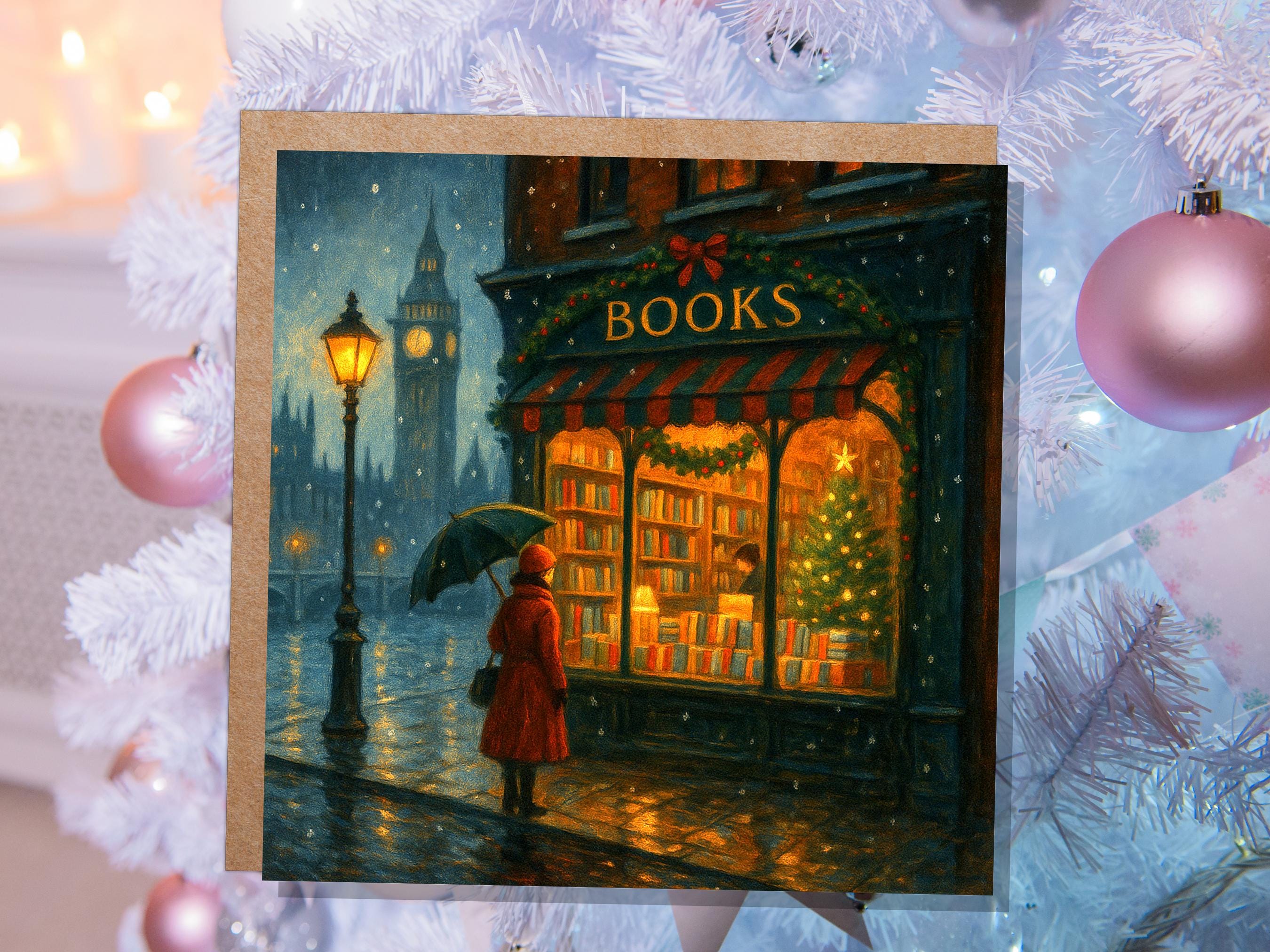 London Christmas Bookshop Card Big Ben Snow Scene Winter City Night Cosy Bookstore Painting Vintage for Book Lover Friends Family Xmas 2025 - View 7