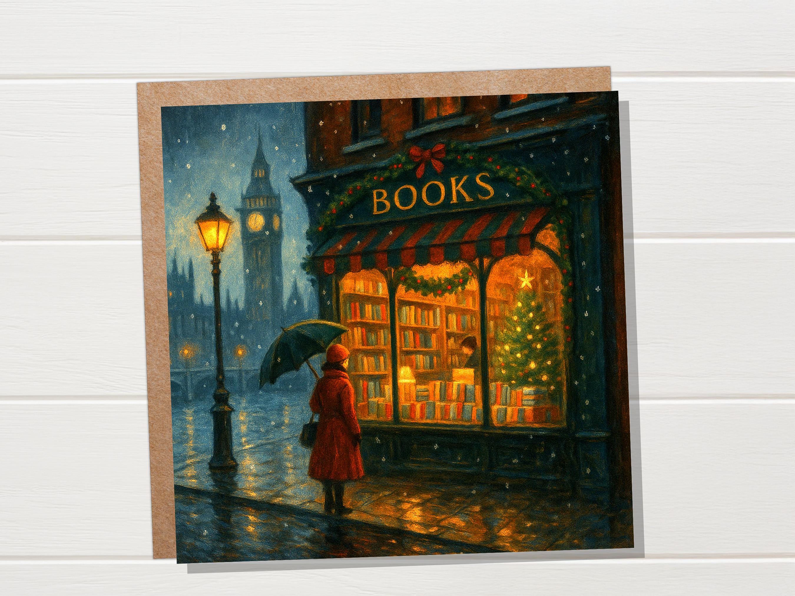 London Christmas Bookshop Card Big Ben Snow Scene Winter City Night Cosy Bookstore Painting Vintage for Book Lover Friends Family Xmas 2025 - View 9