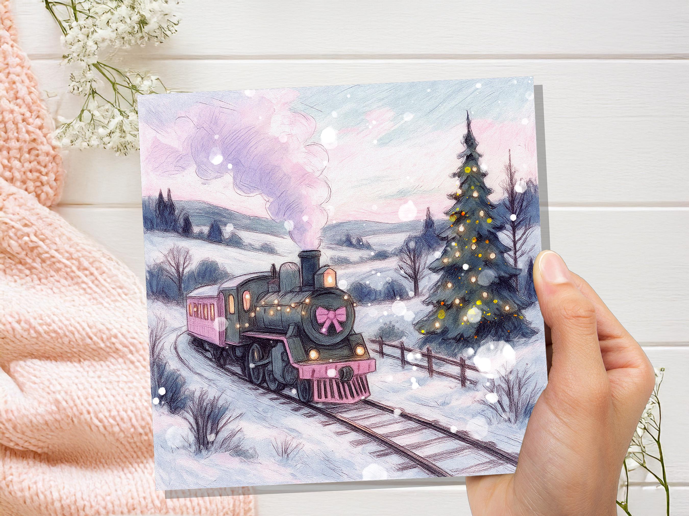Pink Christmas Train Card Vintage Snowy Winter Landscape Scene Festive Tree Illustration Whimsical Holiday Greeting Cottagecore Xmas 2025 - View 2