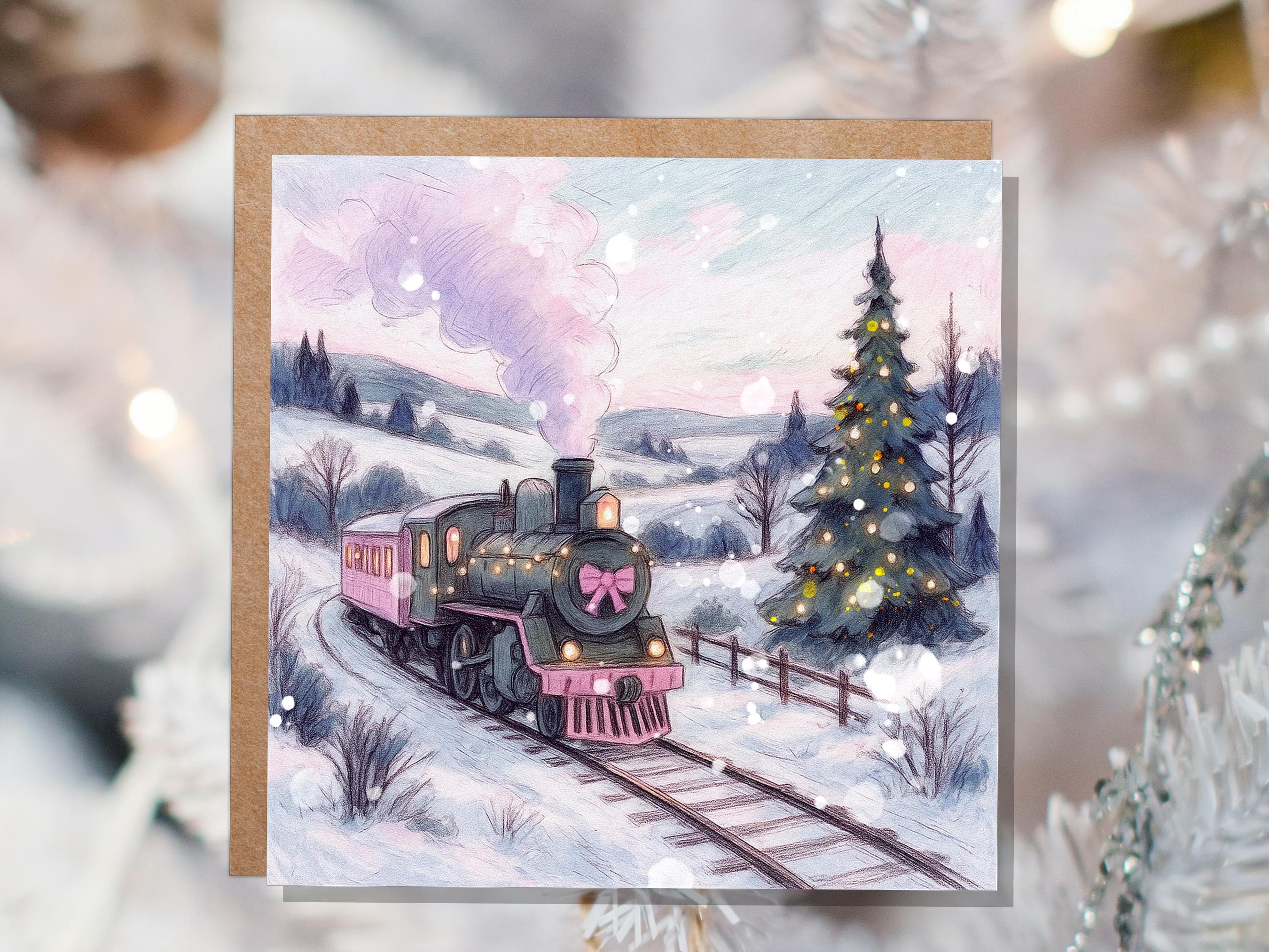 Pink Christmas Train Card Vintage Snowy Winter Landscape Scene Festive Tree Illustration Whimsical Holiday Greeting Cottagecore Xmas 2025 - View 7