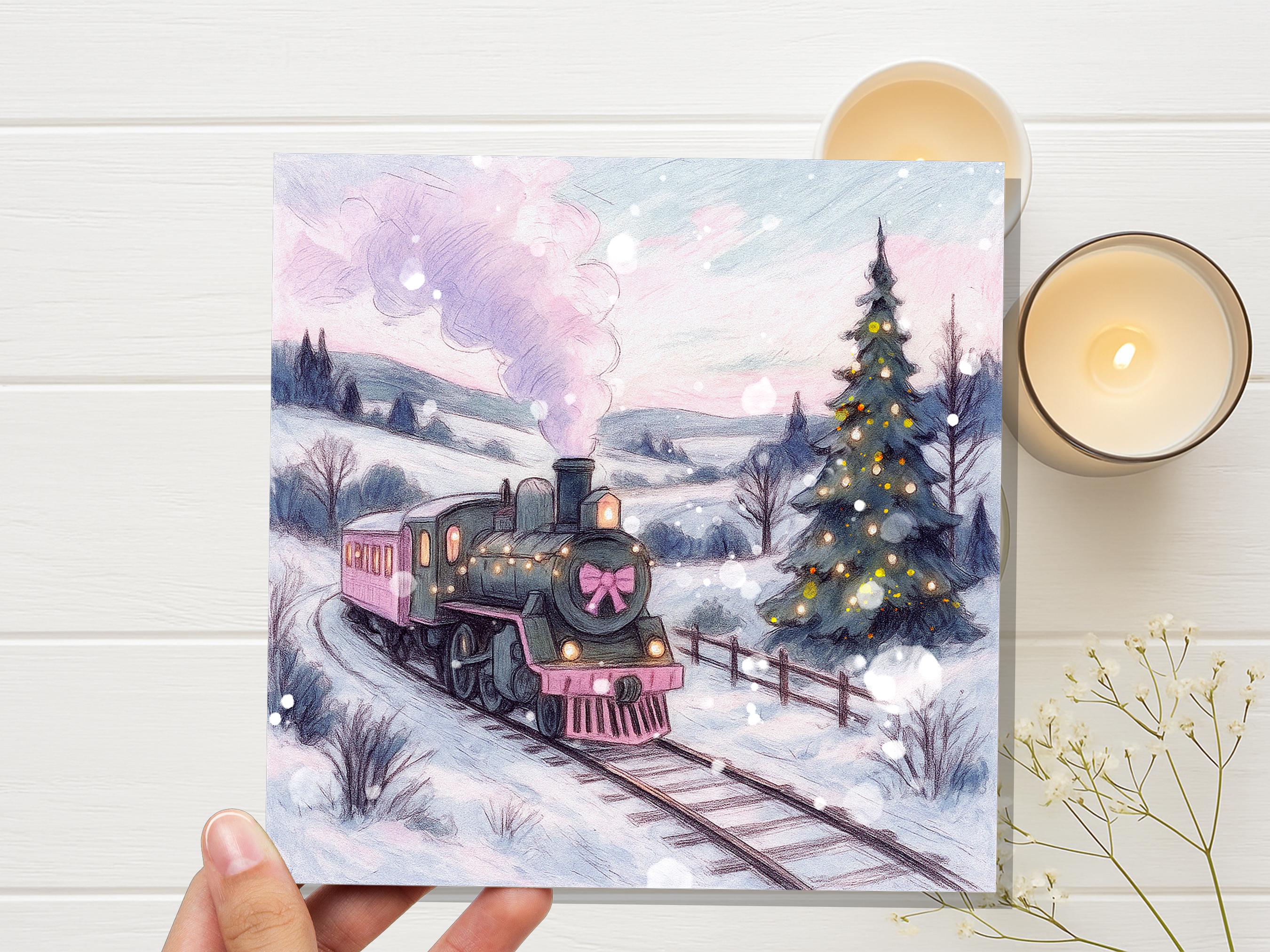 Pink Christmas Train Card Vintage Snowy Winter Landscape Scene Festive Tree Illustration Whimsical Holiday Greeting Cottagecore Xmas 2025 - View 5