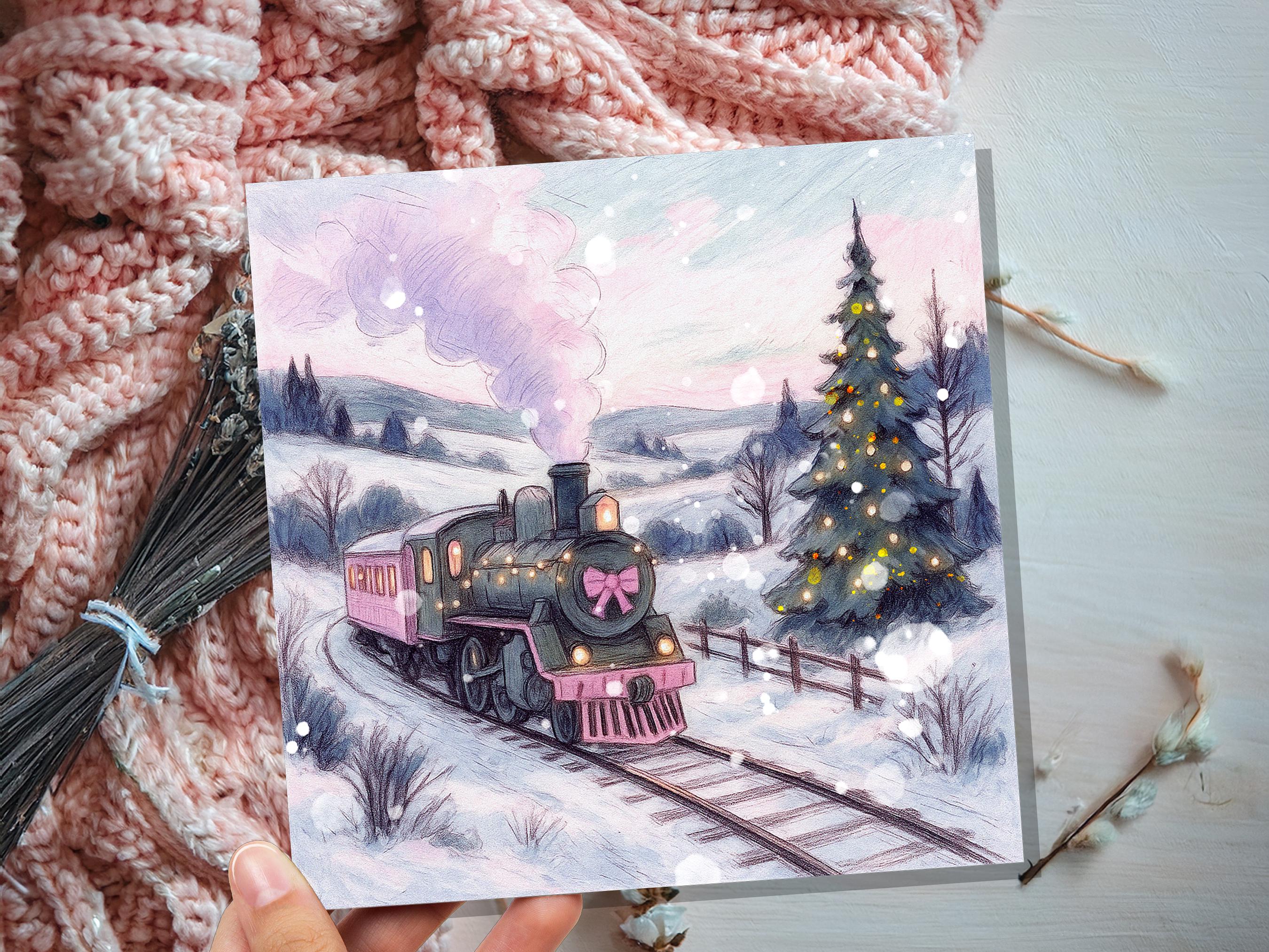 Pink Christmas Train Card Vintage Snowy Winter Landscape Scene Festive Tree Illustration Whimsical Holiday Greeting Cottagecore Xmas 2025 - View 8