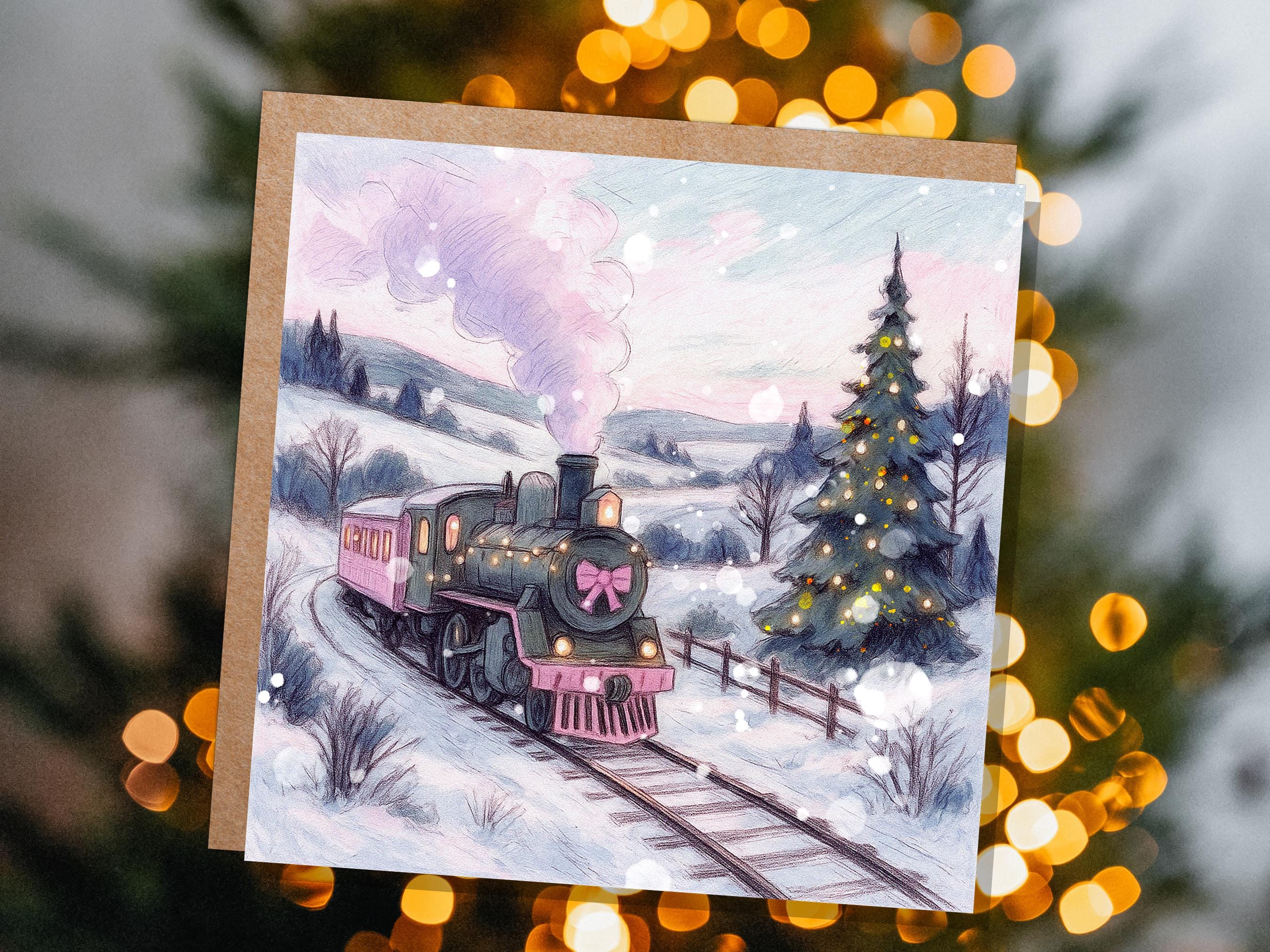 Pink Christmas Train Card Vintage Snowy Winter Landscape Scene Festive Tree Illustration Whimsical Holiday Greeting Cottagecore Xmas 2025 - View 4