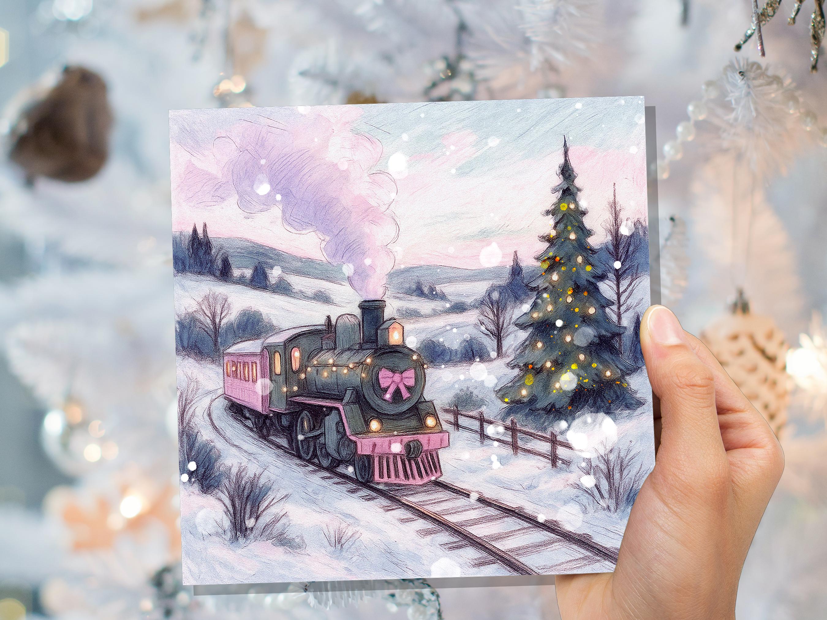 Pink Christmas Train Card Vintage Snowy Winter Landscape Scene Festive Tree Illustration Whimsical Holiday Greeting Cottagecore Xmas 2025