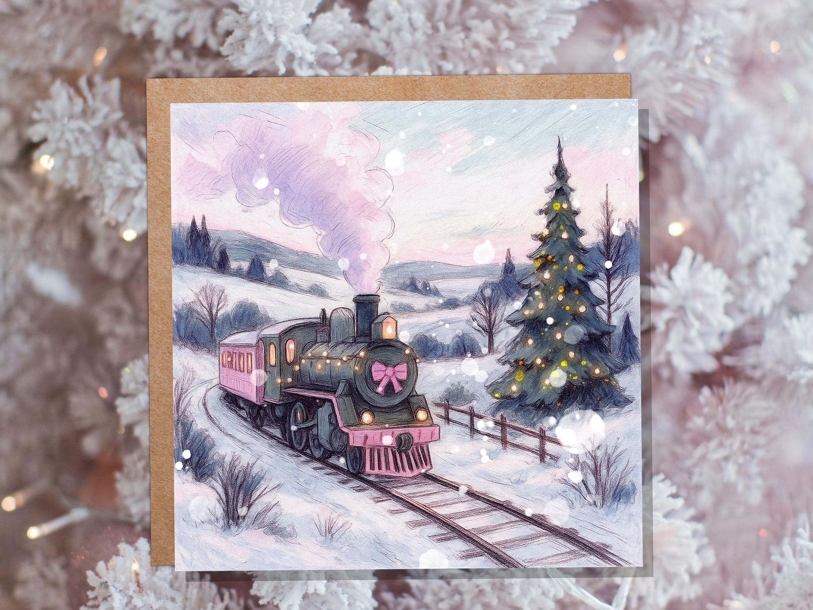 Pink Christmas Train Card Vintage Snowy Winter Landscape Scene Festive Tree Illustration Whimsical Holiday Greeting Cottagecore Xmas 2025 - View 3