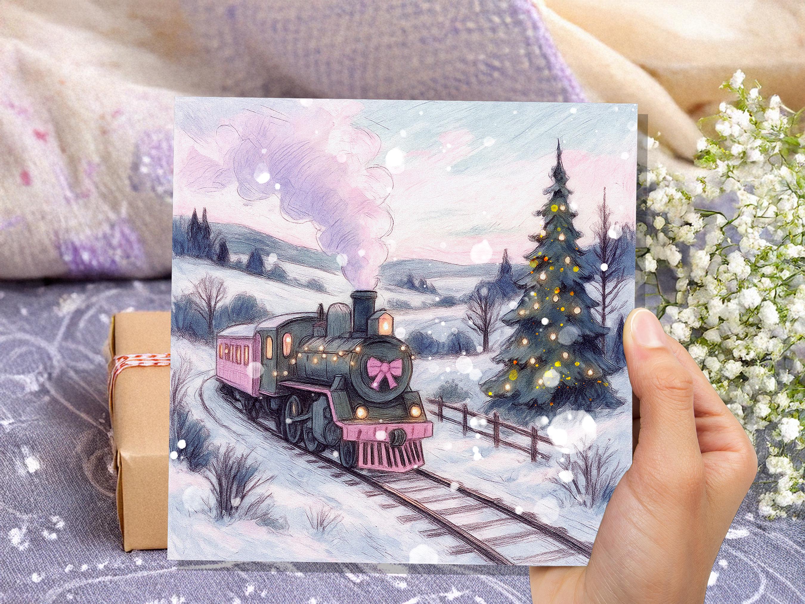 Pink Christmas Train Card Vintage Snowy Winter Landscape Scene Festive Tree Illustration Whimsical Holiday Greeting Cottagecore Xmas 2025 - View 9