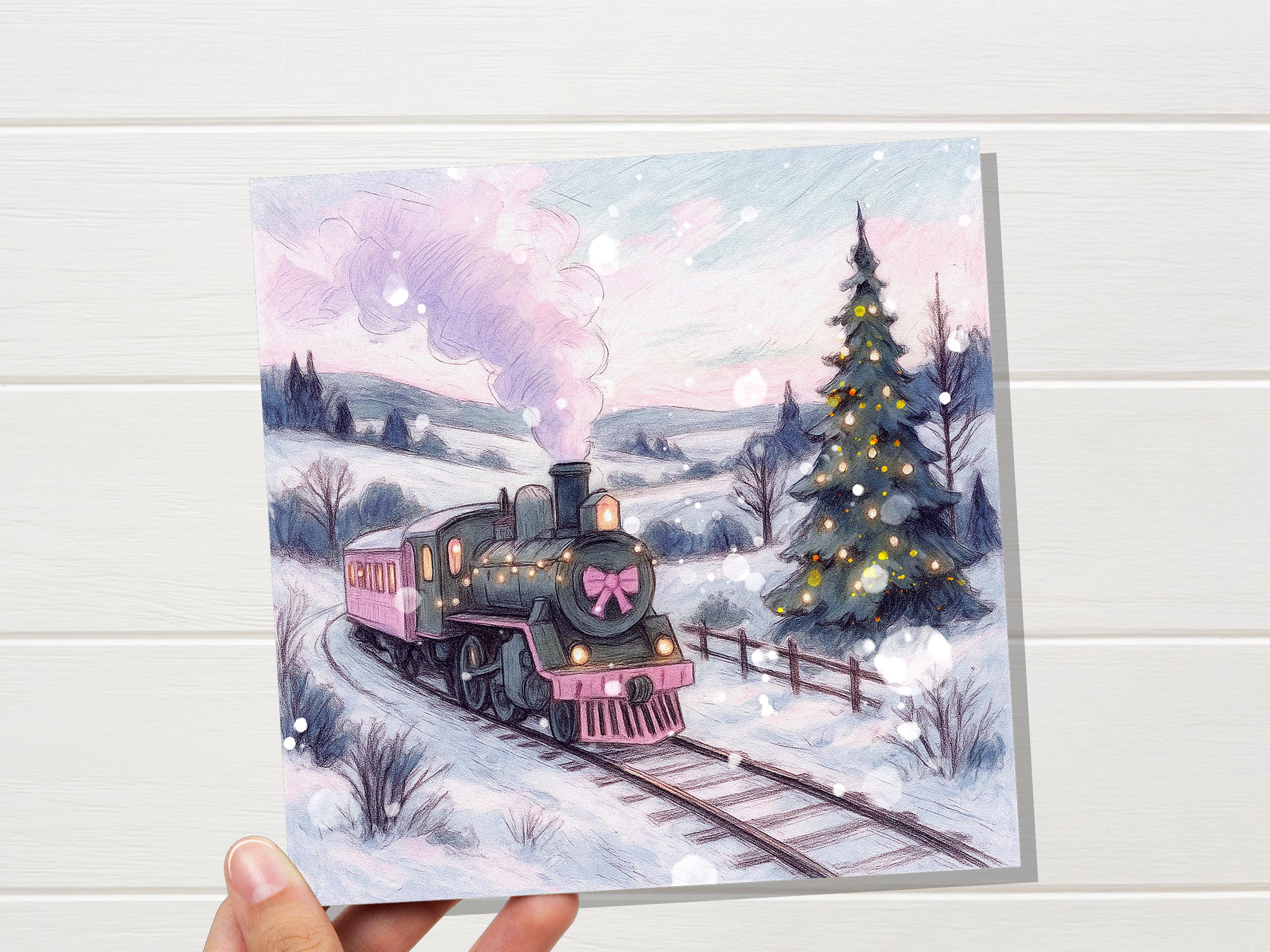 Pink Christmas Train Card Vintage Snowy Winter Landscape Scene Festive Tree Illustration Whimsical Holiday Greeting Cottagecore Xmas 2025 - View 6