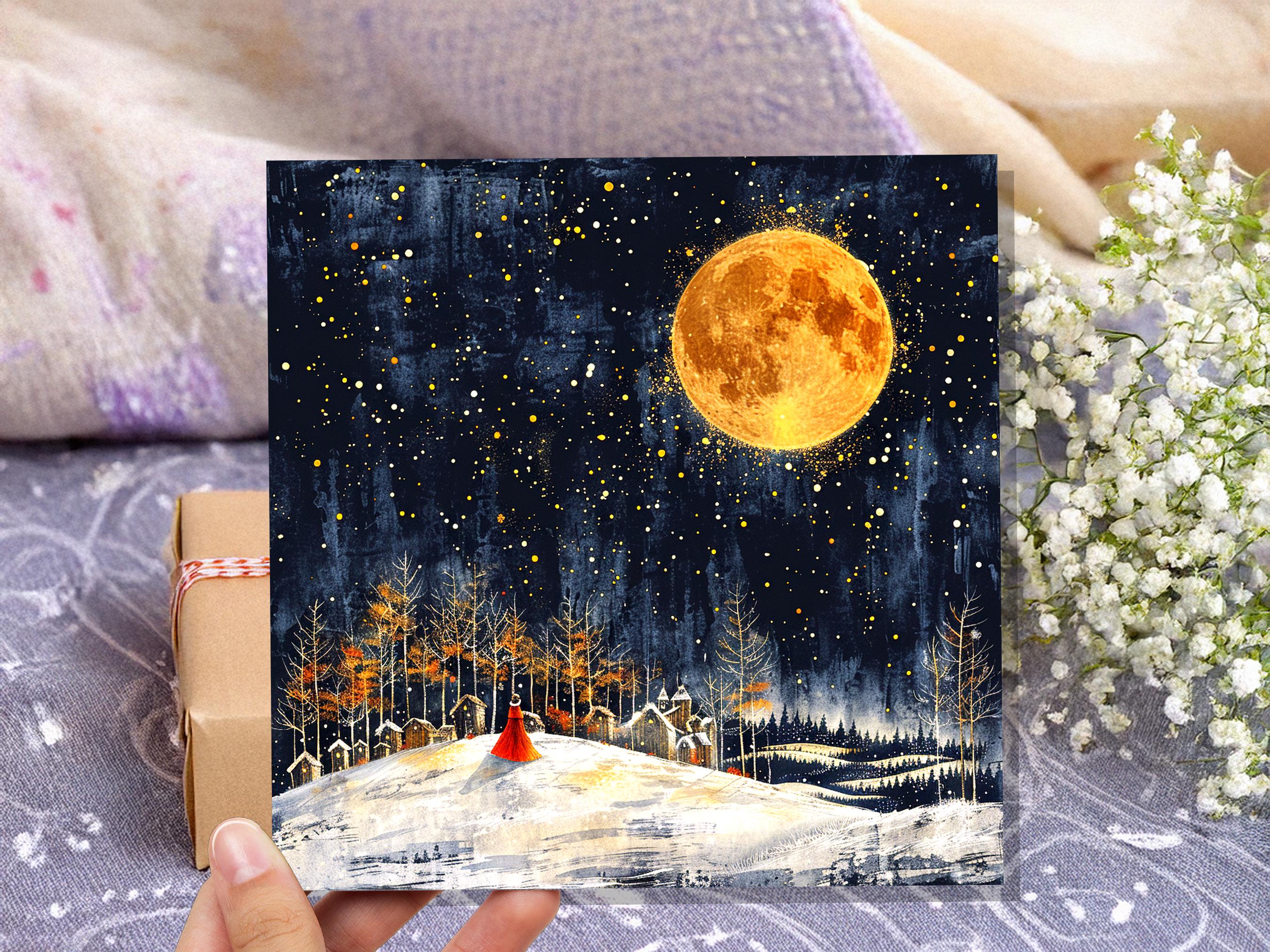Twas the Night Before Christmas Card Moody Winter Village Scene Golden Full Moon Magical Night Snowy Landscape Celestial Atmospheric Vintage - View 6