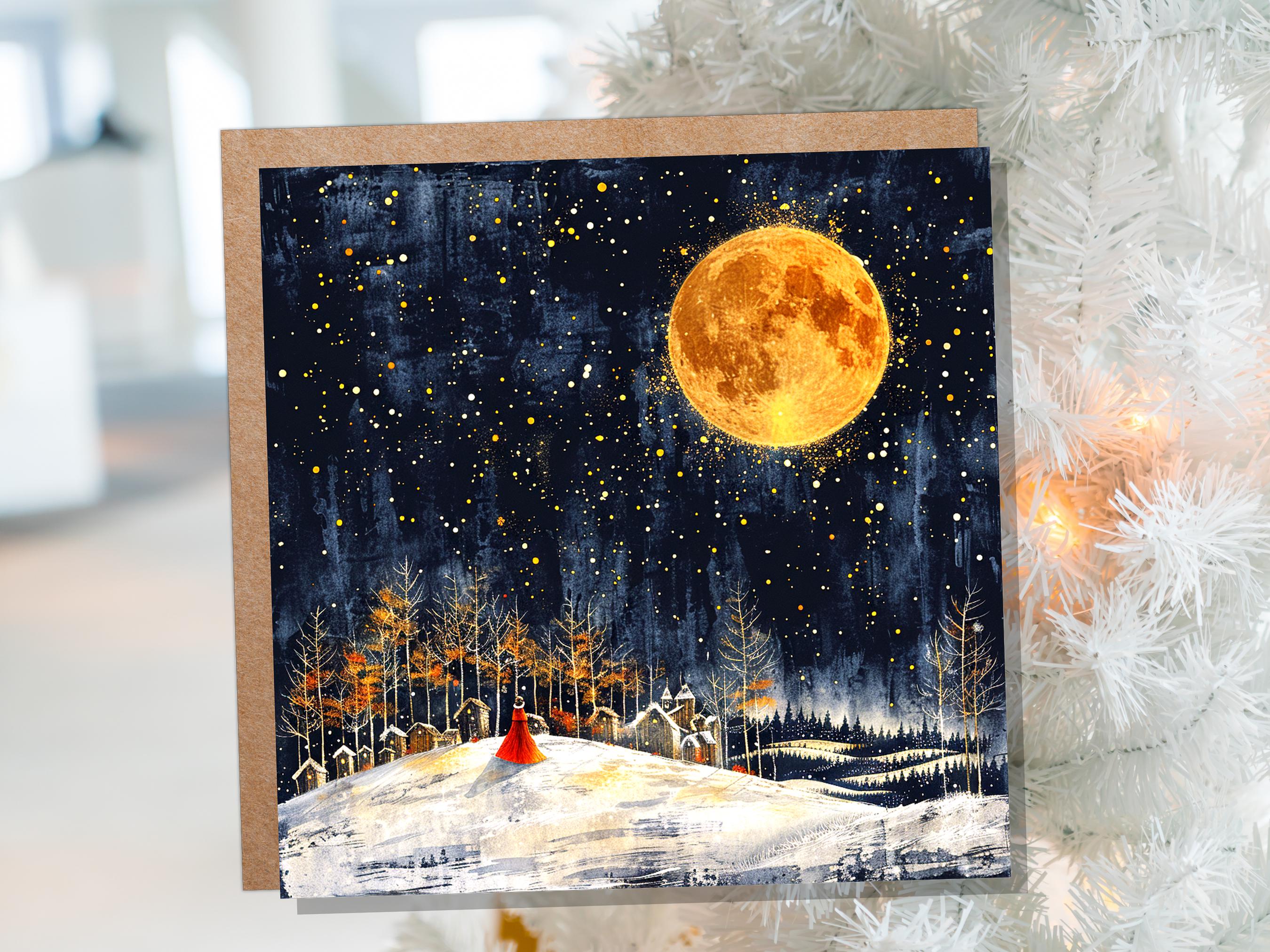 Twas the Night Before Christmas Card Moody Winter Village Scene Golden Full Moon Magical Night Snowy Landscape Celestial Atmospheric Vintage - View 7