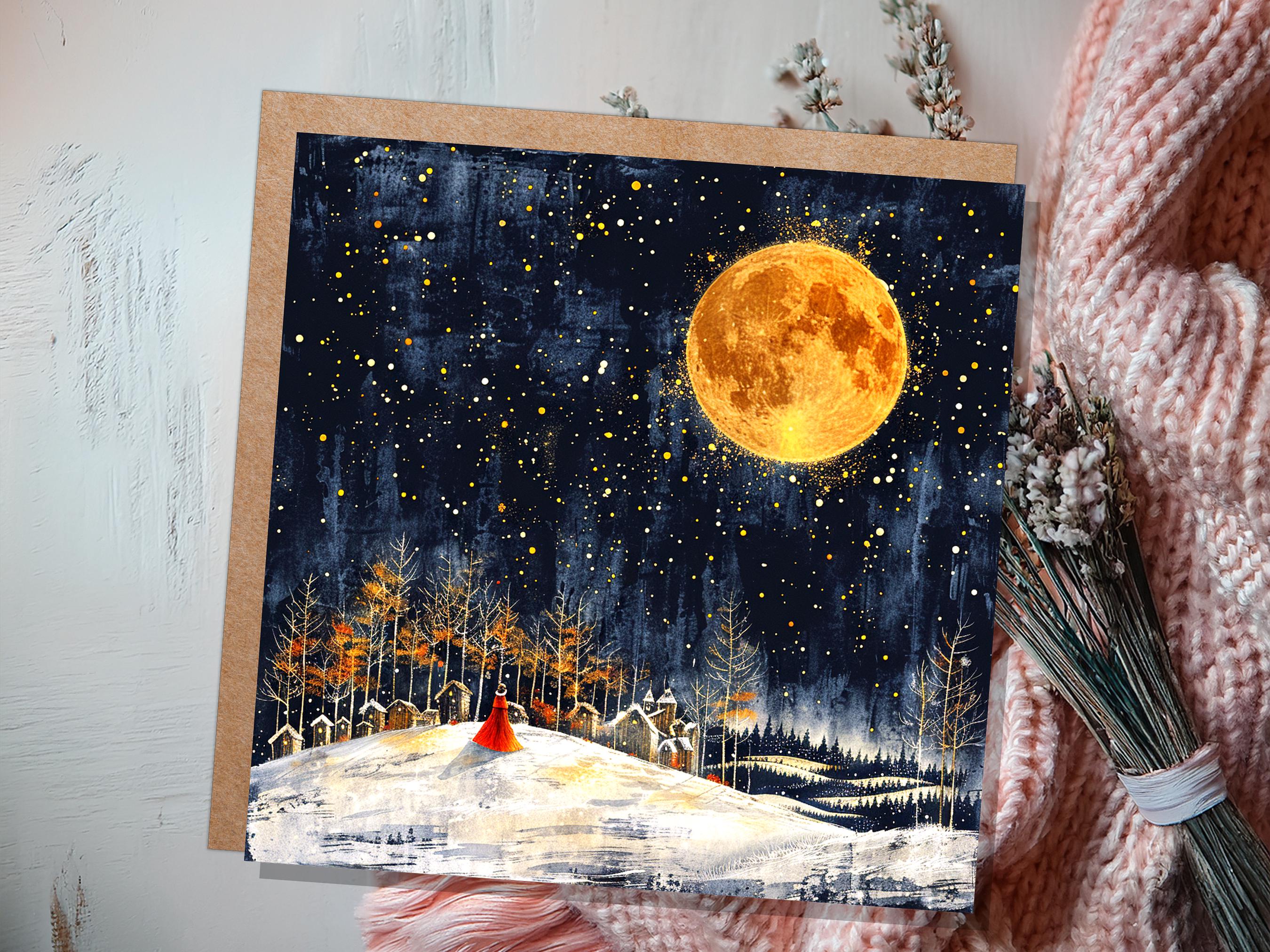 Twas the Night Before Christmas Card Moody Winter Village Scene Golden Full Moon Magical Night Snowy Landscape Celestial Atmospheric Vintage - View 8