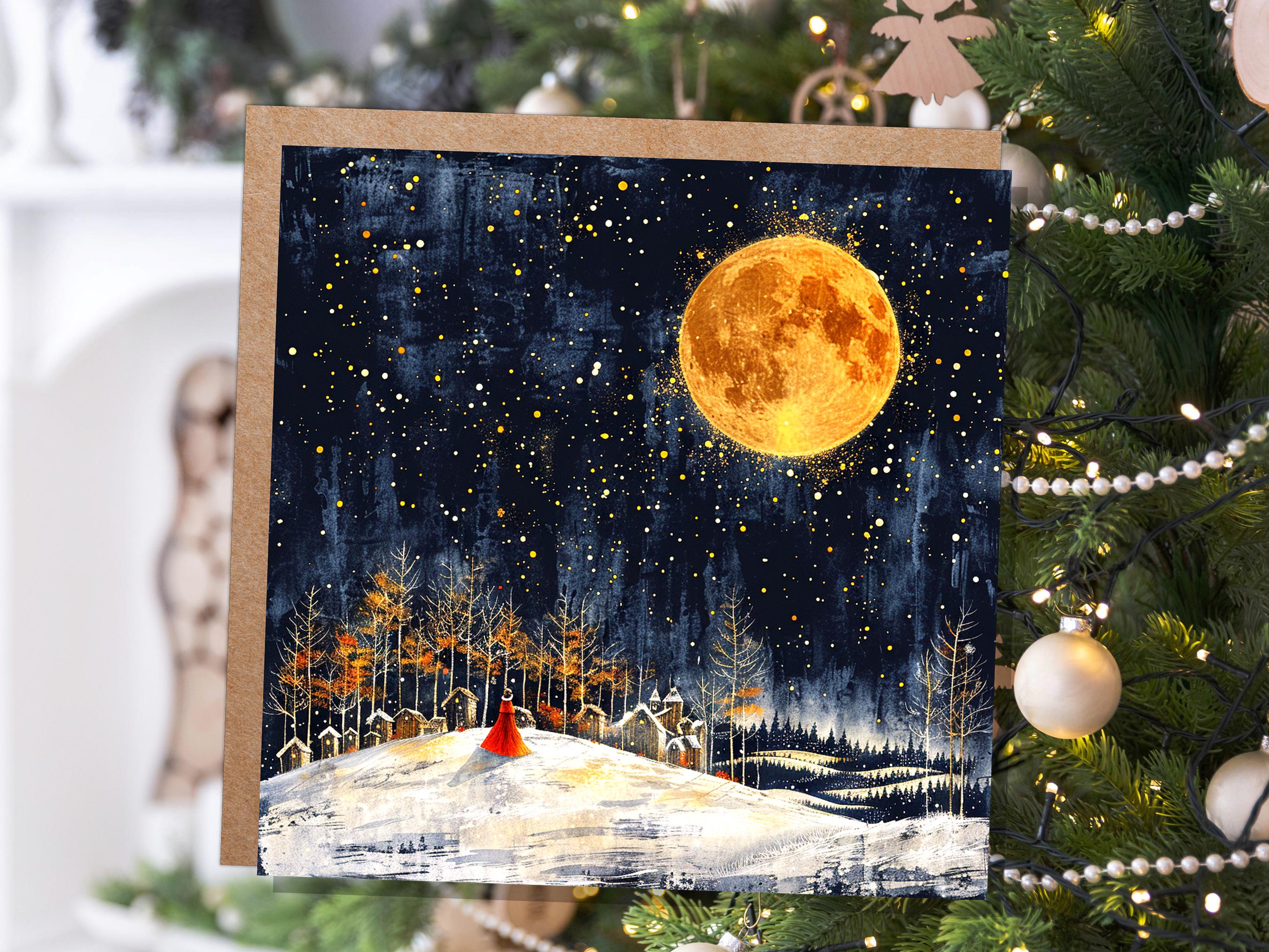 Twas the Night Before Christmas Card Moody Winter Village Scene Golden Full Moon Magical Night Snowy Landscape Celestial Atmospheric Vintage - View 9