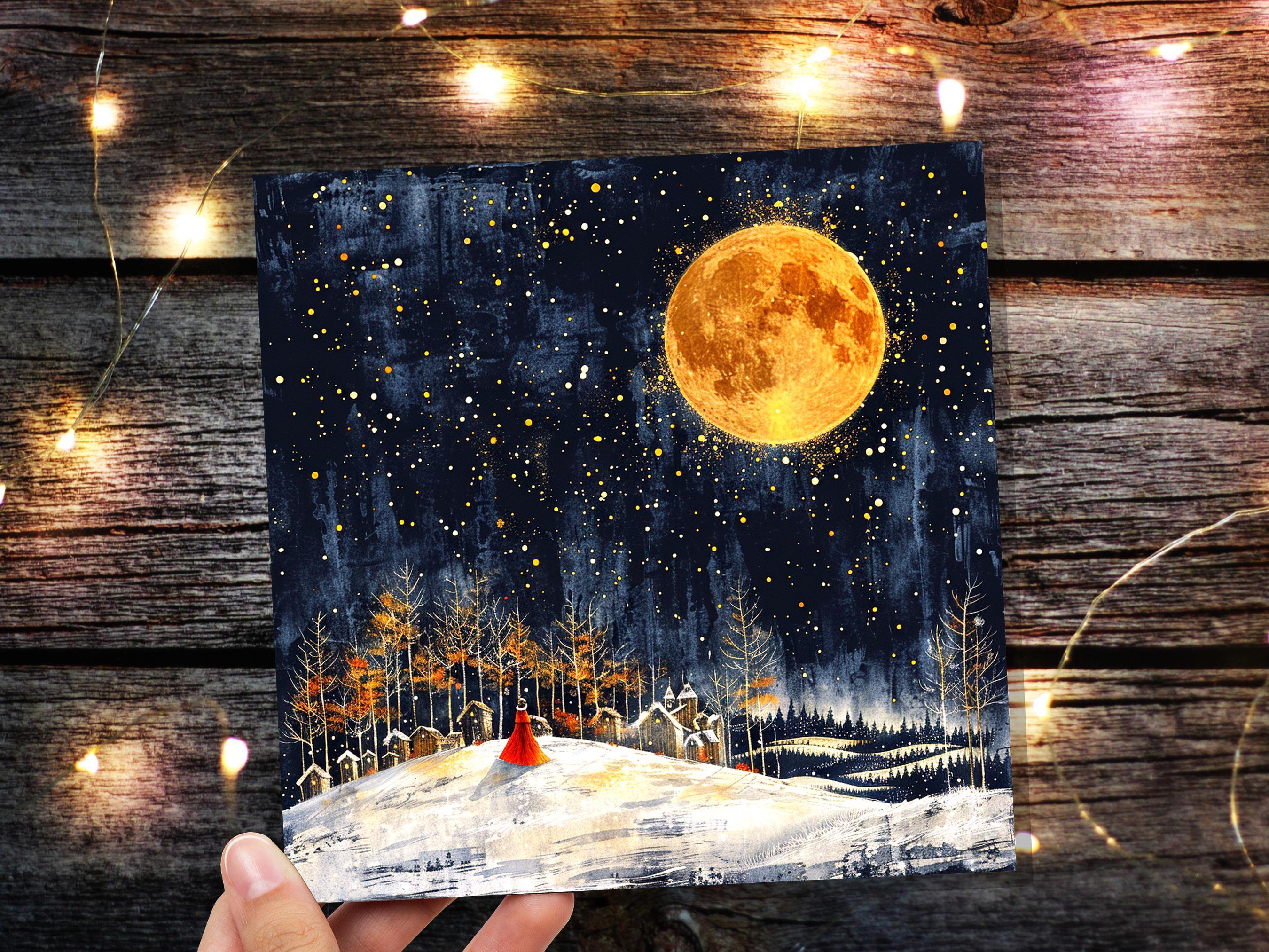 Twas the Night Before Christmas Card Moody Winter Village Scene Golden Full Moon Magical Night Snowy Landscape Celestial Atmospheric Vintage - View 5