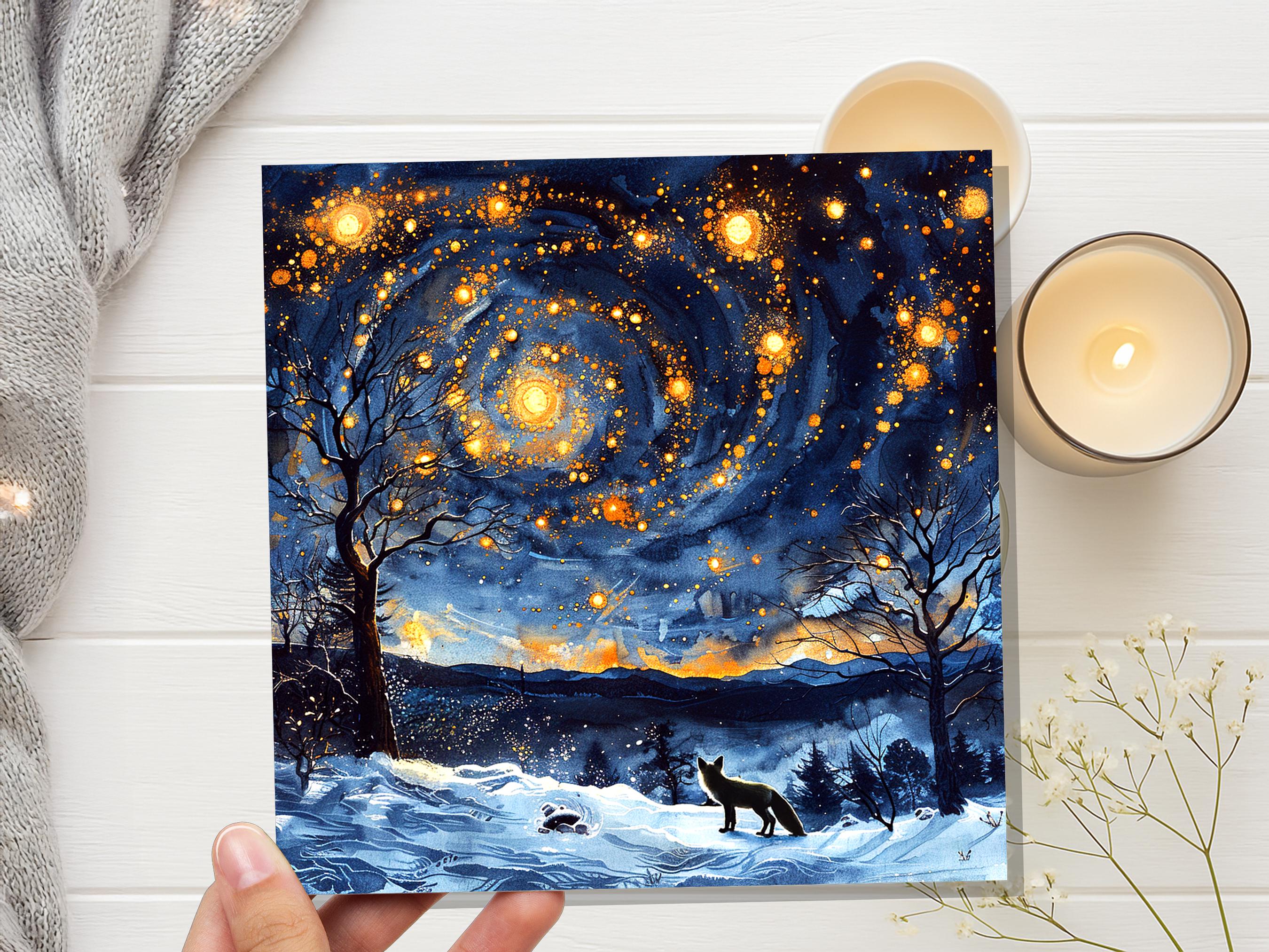 Winter Fox Starry Night Card Cosmic Woodland Scene Moody Snowy Forest Landscape Atmospheric Vintage Nordic Christmas Holiday Greeting Card - View 6