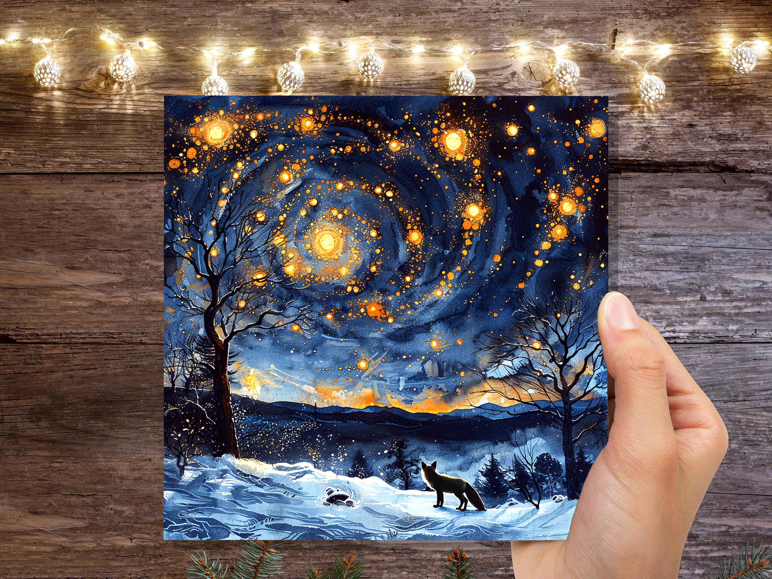 Winter Fox Starry Night Card Cosmic Woodland Scene Moody Snowy Forest Landscape Atmospheric Vintage Nordic Christmas Holiday Greeting Card - View 2