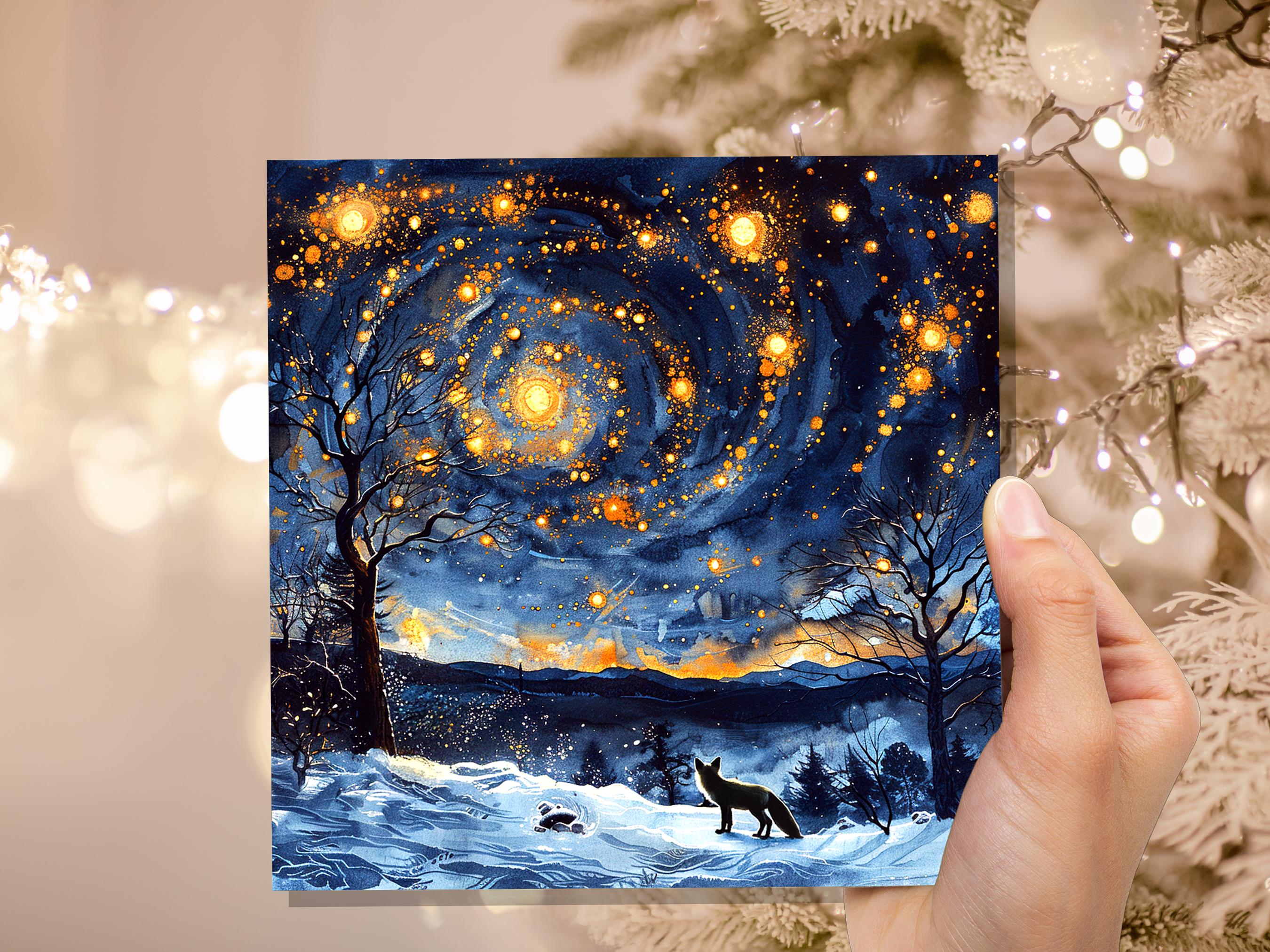 Winter Fox Starry Night Card Cosmic Woodland Scene Moody Snowy Forest Landscape Atmospheric Vintage Nordic Christmas Holiday Greeting Card - View 3