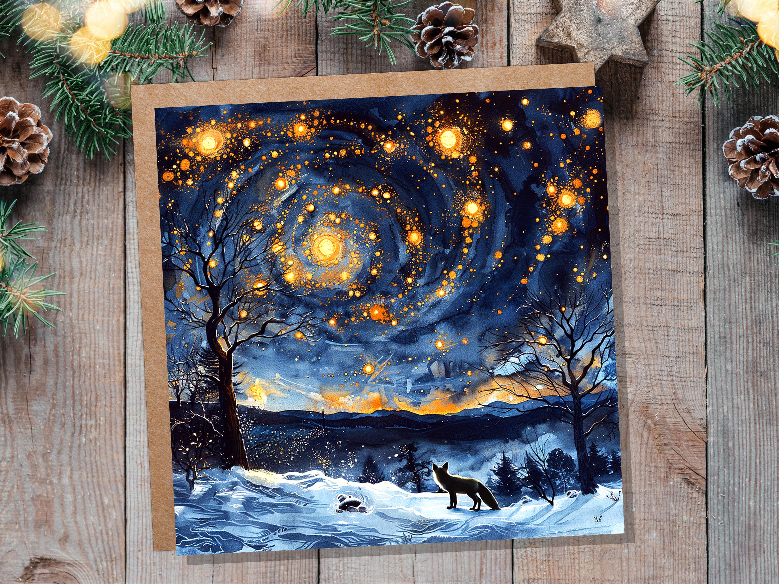 Winter Fox Starry Night Card Cosmic Woodland Scene Moody Snowy Forest Landscape Atmospheric Vintage Nordic Christmas Holiday Greeting Card - View 8