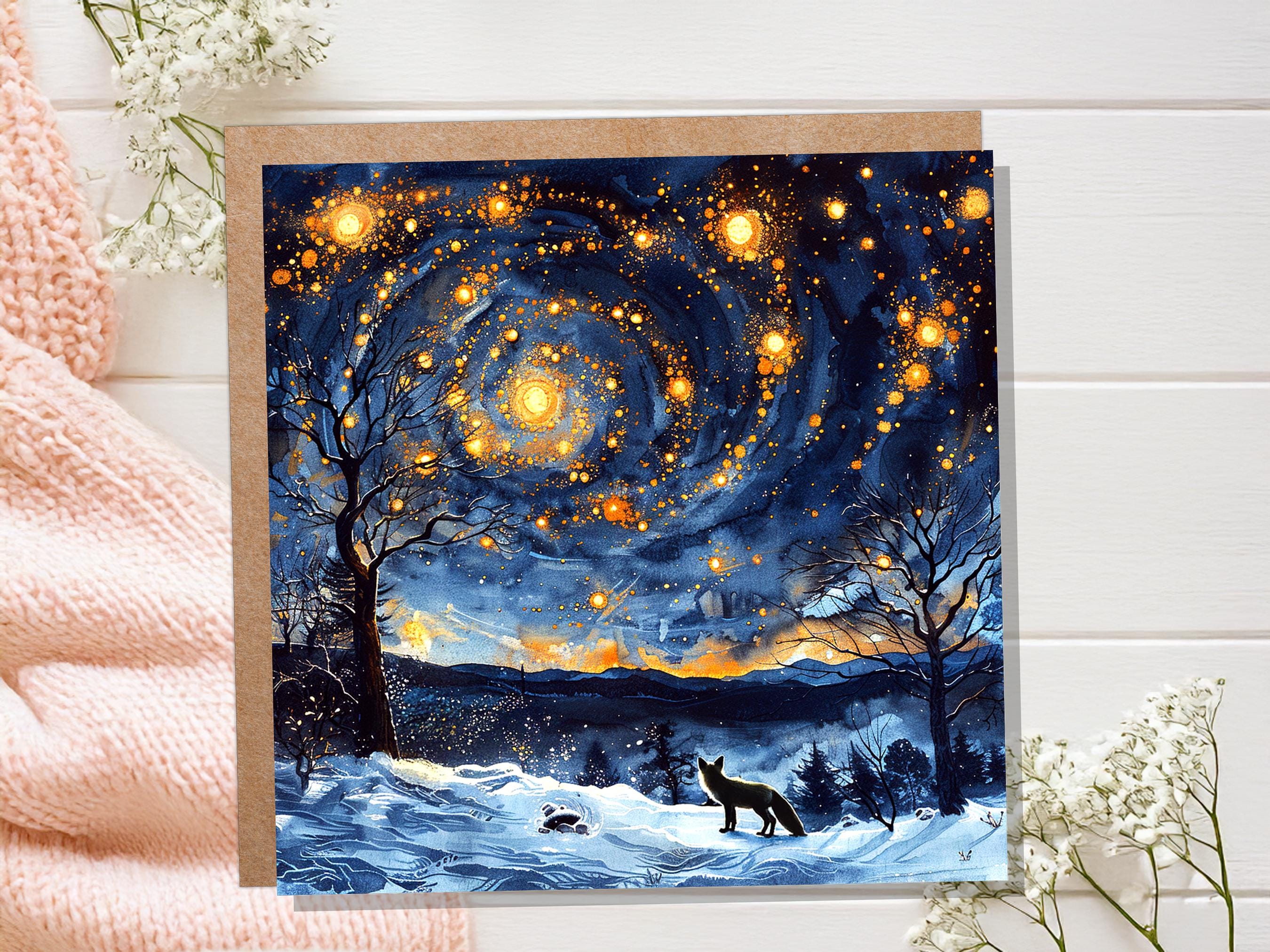 Winter Fox Starry Night Card Cosmic Woodland Scene Moody Snowy Forest Landscape Atmospheric Vintage Nordic Christmas Holiday Greeting Card - View 7