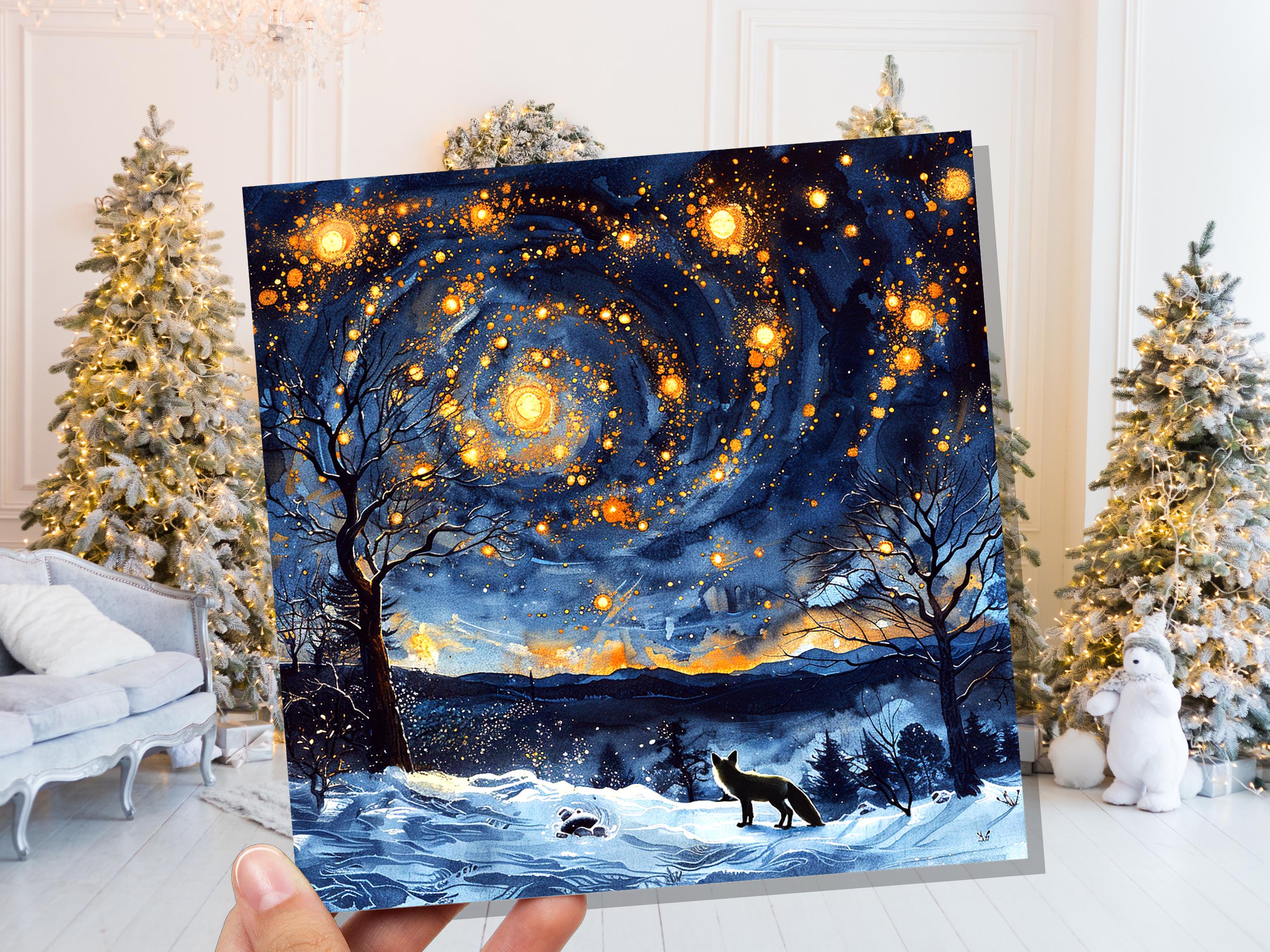 Winter Fox Starry Night Card Cosmic Woodland Scene Moody Snowy Forest Landscape Atmospheric Vintage Nordic Christmas Holiday Greeting Card - View 5