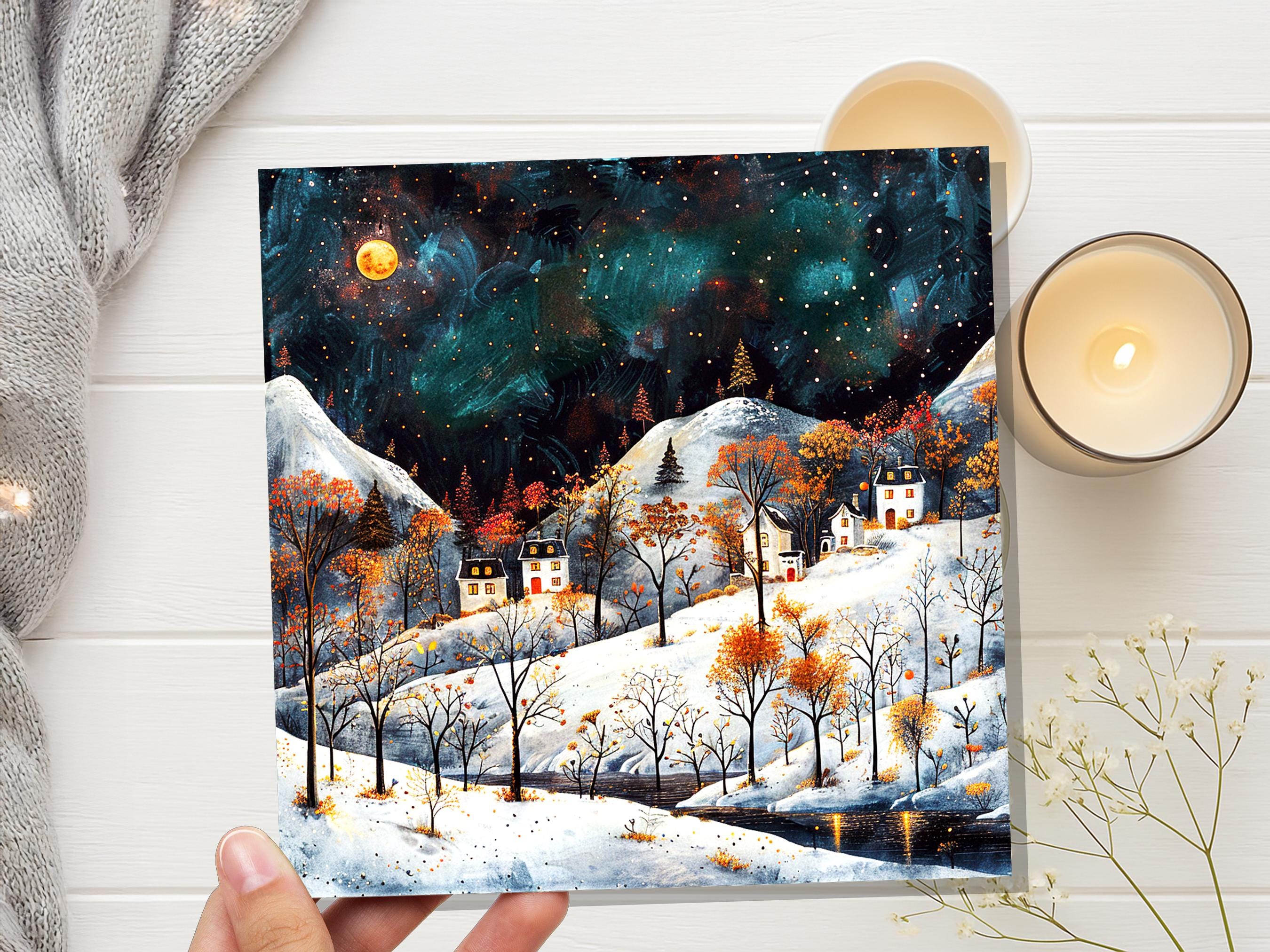 Moody Winter Village Card Snowy Mountain Landscape Starry Night Sky Nordic Folk Art Cosy Cottages Moonlight Atmospheric Vintage Christmas - View 4