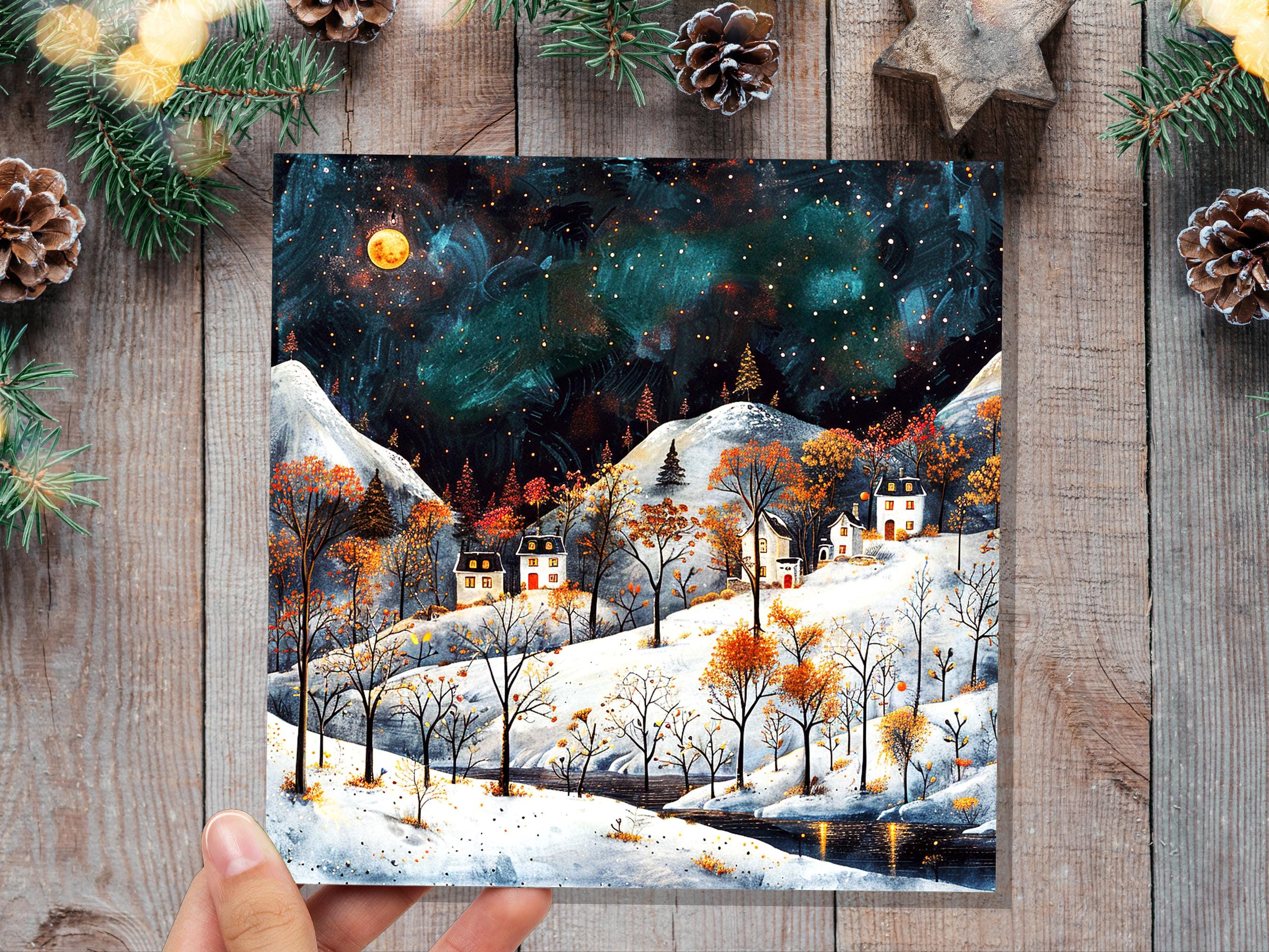 Moody Winter Village Card Snowy Mountain Landscape Starry Night Sky Nordic Folk Art Cosy Cottages Moonlight Atmospheric Vintage Christmas - View 6
