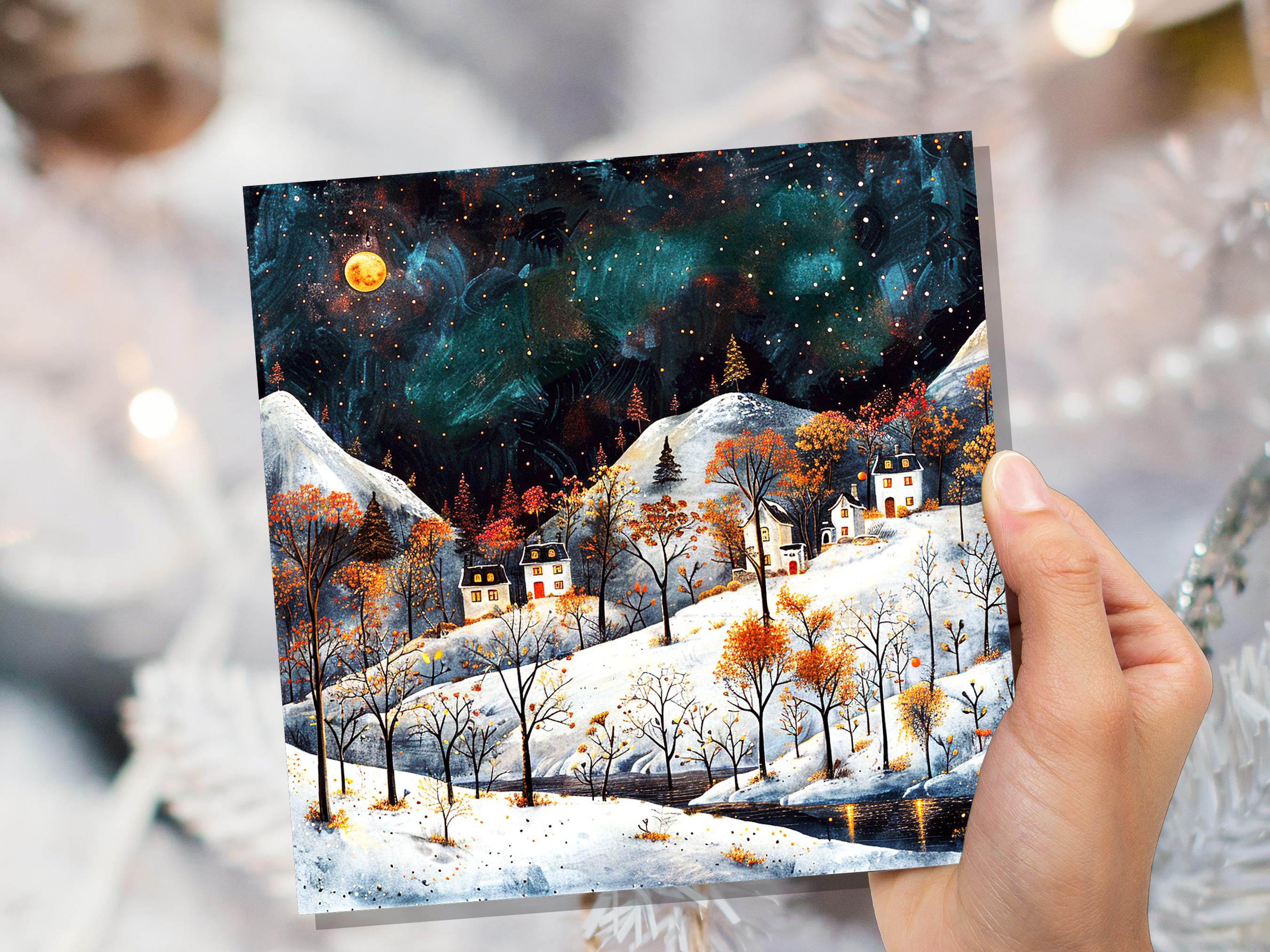 Moody Winter Village Card Snowy Mountain Landscape Starry Night Sky Nordic Folk Art Cosy Cottages Moonlight Atmospheric Vintage Christmas