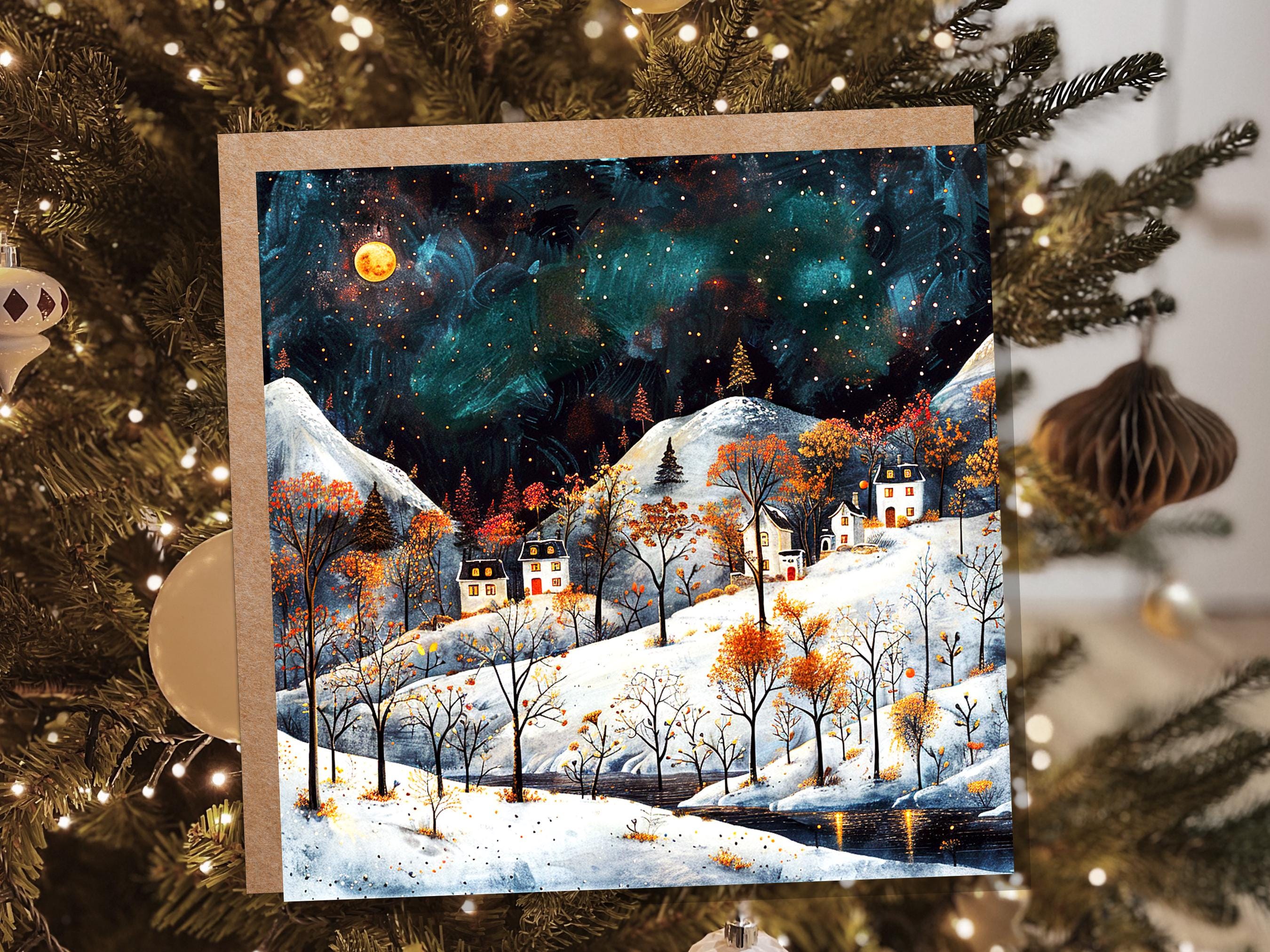 Moody Winter Village Card Snowy Mountain Landscape Starry Night Sky Nordic Folk Art Cosy Cottages Moonlight Atmospheric Vintage Christmas - View 7