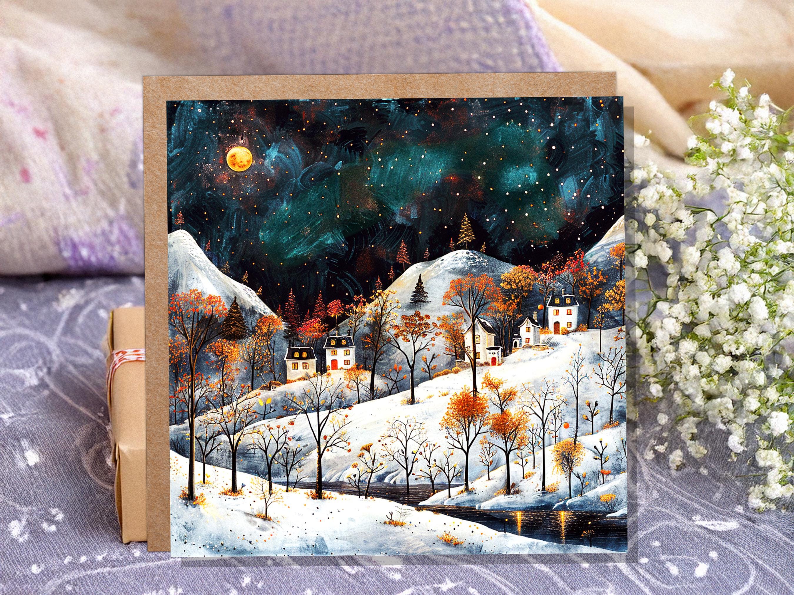Moody Winter Village Card Snowy Mountain Landscape Starry Night Sky Nordic Folk Art Cosy Cottages Moonlight Atmospheric Vintage Christmas - View 9