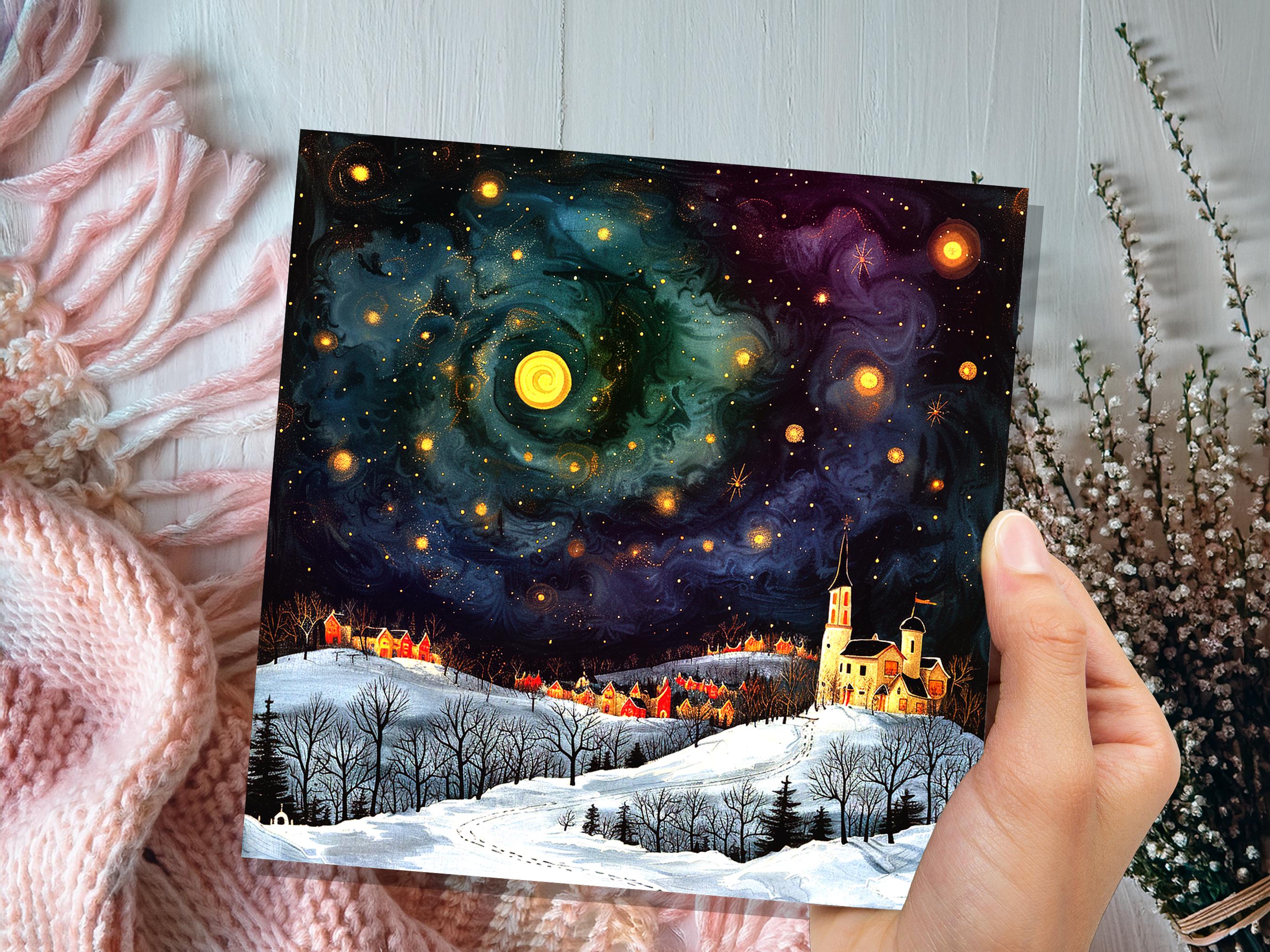 Starry Night Christmas Village Card Cosmic Winter Sky Scene Celestial Landscape Painting Swirling Galaxy Whimsical Moody Nordic Folk Art - View 2