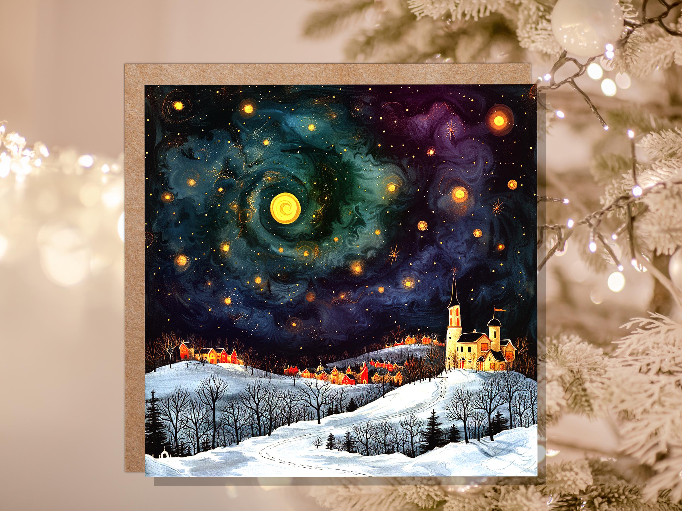 Starry Night Christmas Village Card Cosmic Winter Sky Scene Celestial Landscape Painting Swirling Galaxy Whimsical Moody Nordic Folk Art - View 7