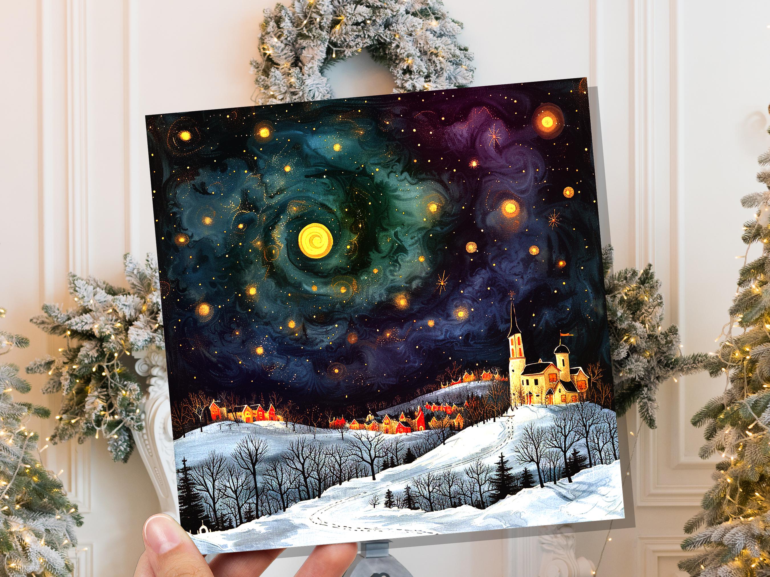 Starry Night Christmas Village Card Cosmic Winter Sky Scene Celestial Landscape Painting Swirling Galaxy Whimsical Moody Nordic Folk Art - View 6