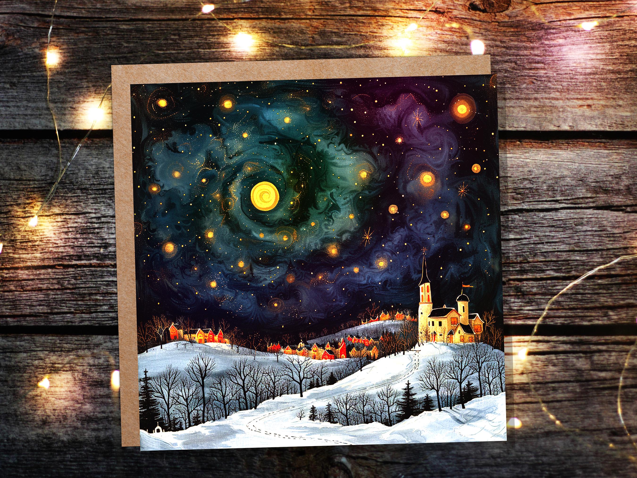 Starry Night Christmas Village Card Cosmic Winter Sky Scene Celestial Landscape Painting Swirling Galaxy Whimsical Moody Nordic Folk Art - View 9