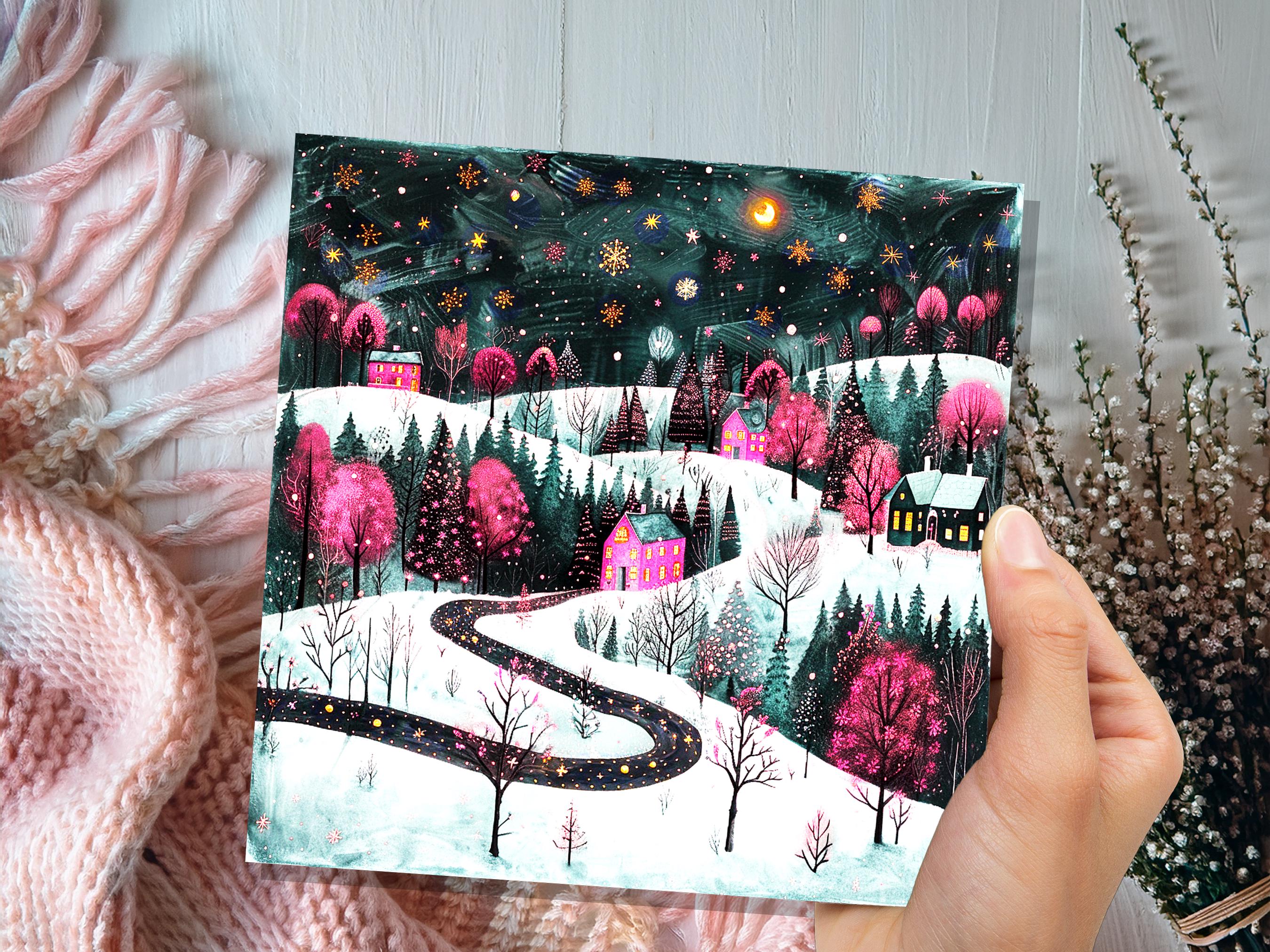 Pink Christmas Card Winter Village Night Scene Starry Snowy Folk Art Moody Festive Landscape Magical Woodland Cosy Cottages Whimsical Snow - View 3