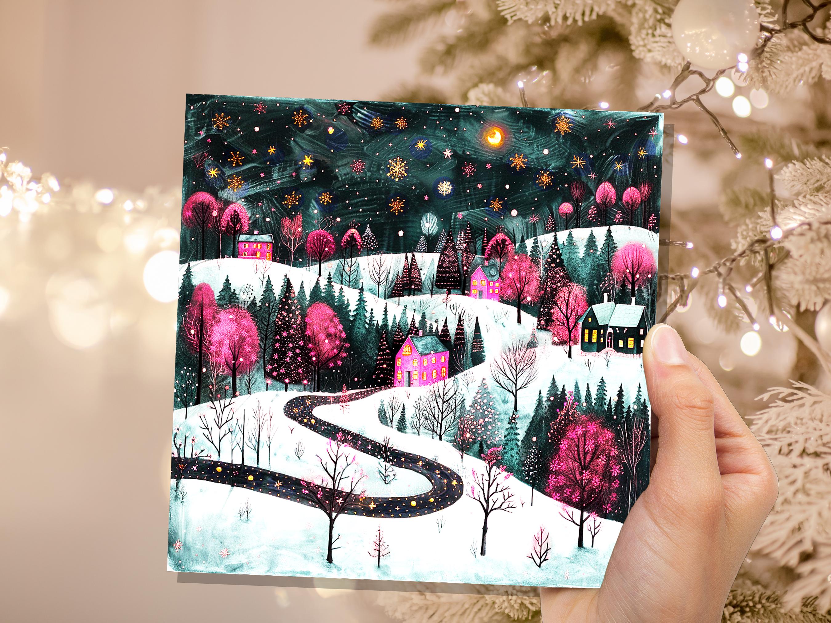 Pink Christmas Card Winter Village Night Scene Starry Snowy Folk Art Moody Festive Landscape Magical Woodland Cosy Cottages Whimsical Snow - View 4