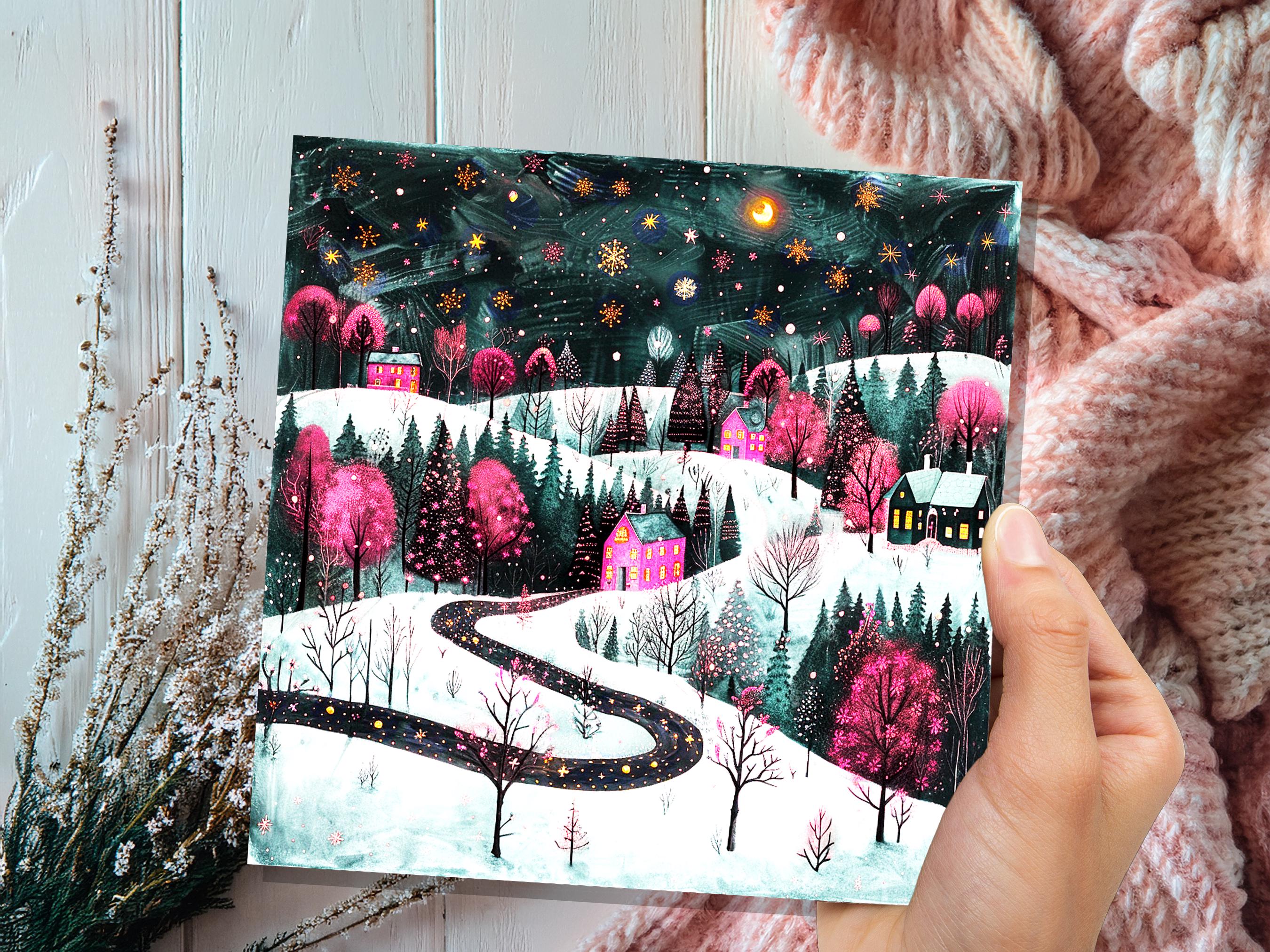 Pink Christmas Card Winter Village Night Scene Starry Snowy Folk Art Moody Festive Landscape Magical Woodland Cosy Cottages Whimsical Snow - View 2