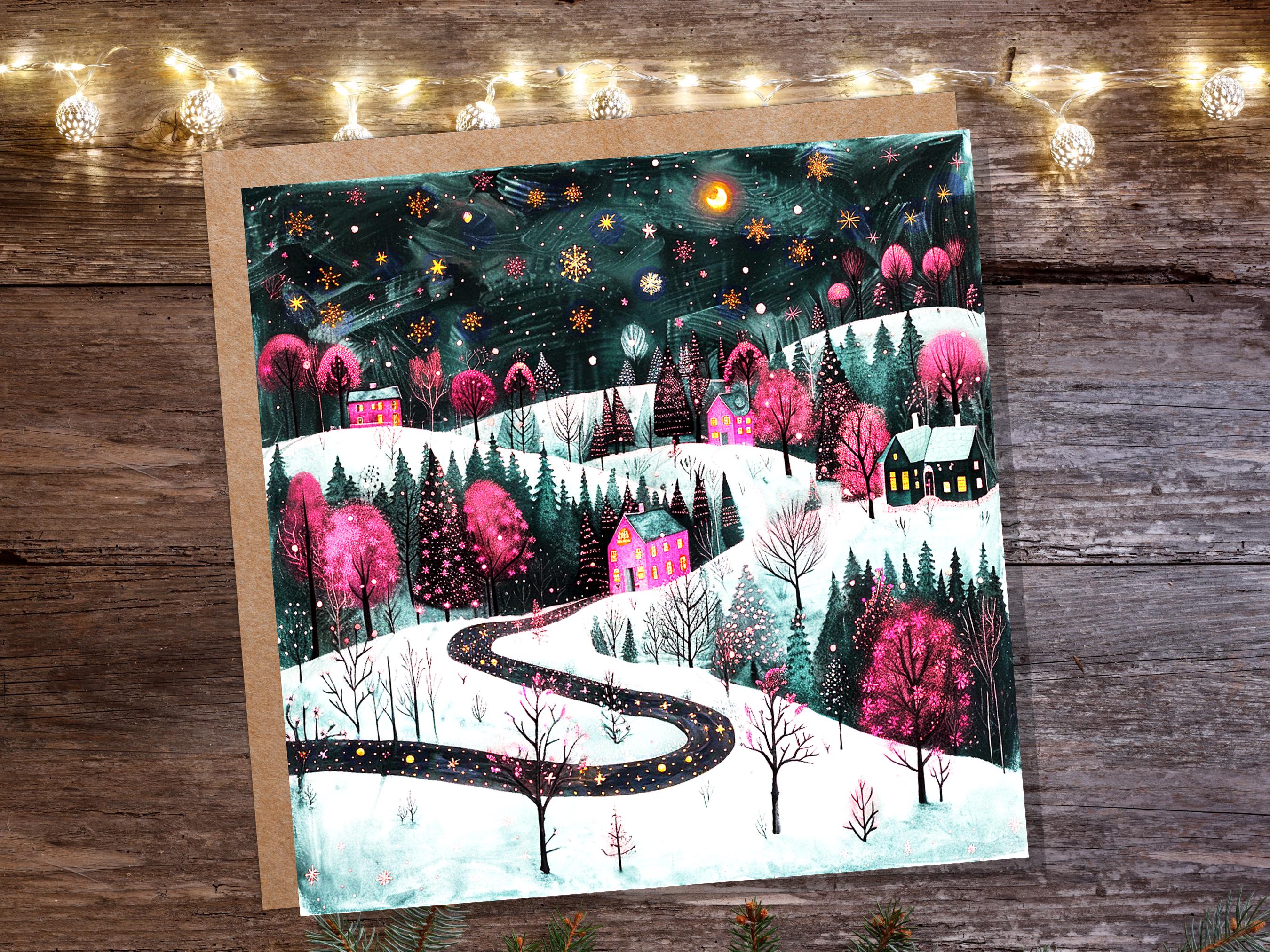 Pink Christmas Card Winter Village Night Scene Starry Snowy Folk Art Moody Festive Landscape Magical Woodland Cosy Cottages Whimsical Snow - View 8
