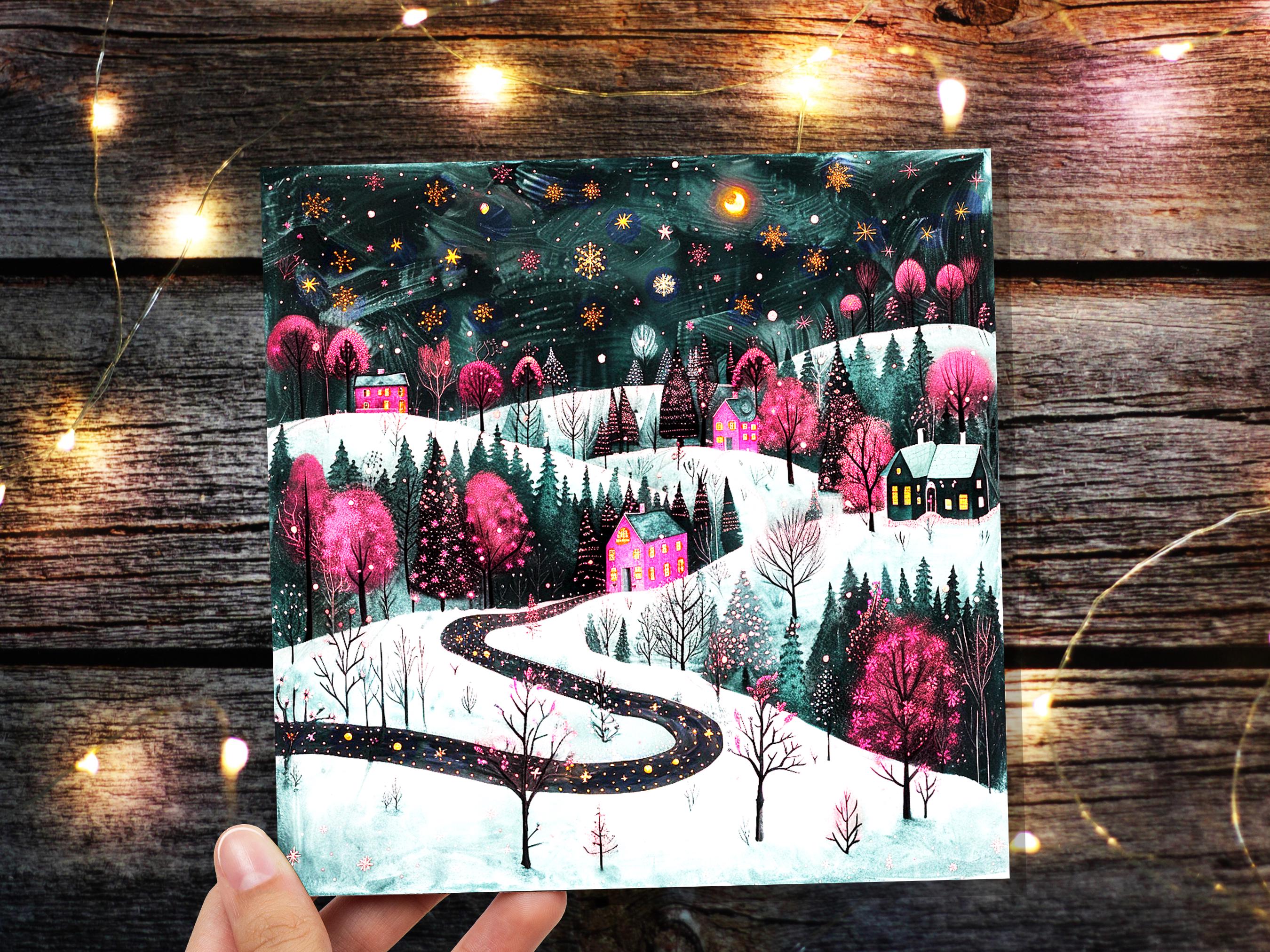 Pink Christmas Card Winter Village Night Scene Starry Snowy Folk Art Moody Festive Landscape Magical Woodland Cosy Cottages Whimsical Snow - View 5