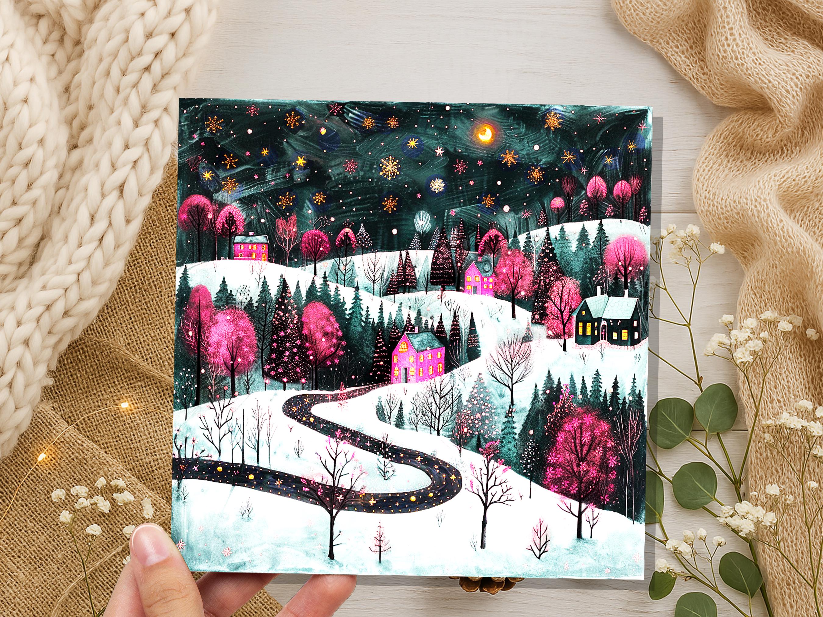 Pink Christmas Card Winter Village Night Scene Starry Snowy Folk Art Moody Festive Landscape Magical Woodland Cosy Cottages Whimsical Snow - View 6