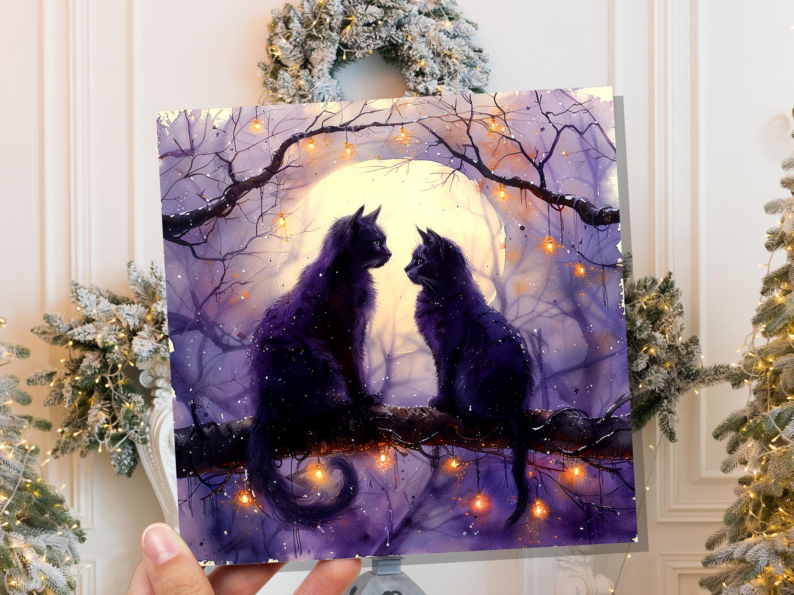 Mystical Black Cats Watercolour Card Full Moon Cat Silhouette Gothic Celestial Night Scene Magical Cat Lovers Purple Anniversary Wedding - View 5
