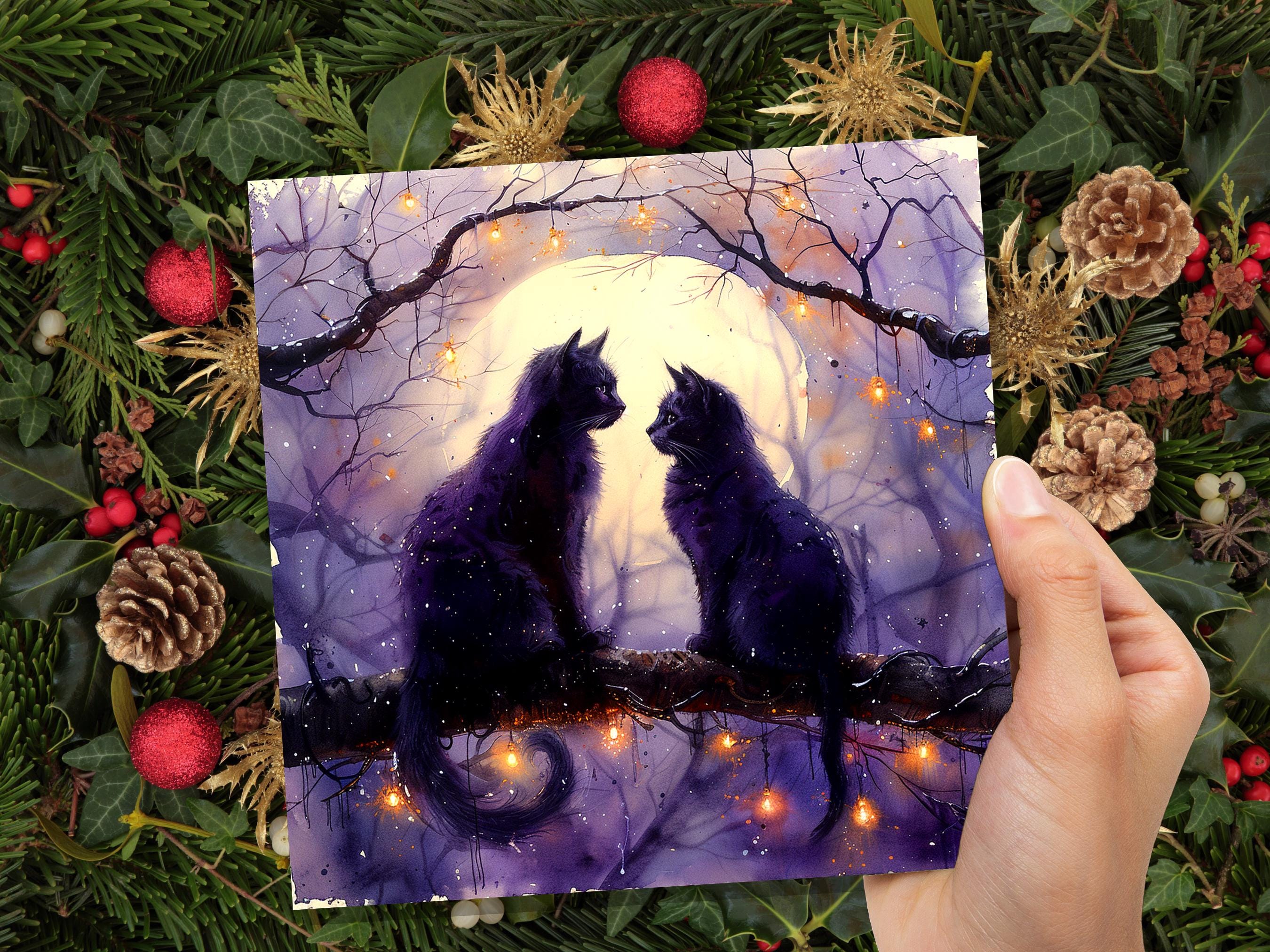 Mystical Black Cats Watercolour Card Full Moon Cat Silhouette Gothic Celestial Night Scene Magical Cat Lovers Purple Anniversary Wedding - View 3