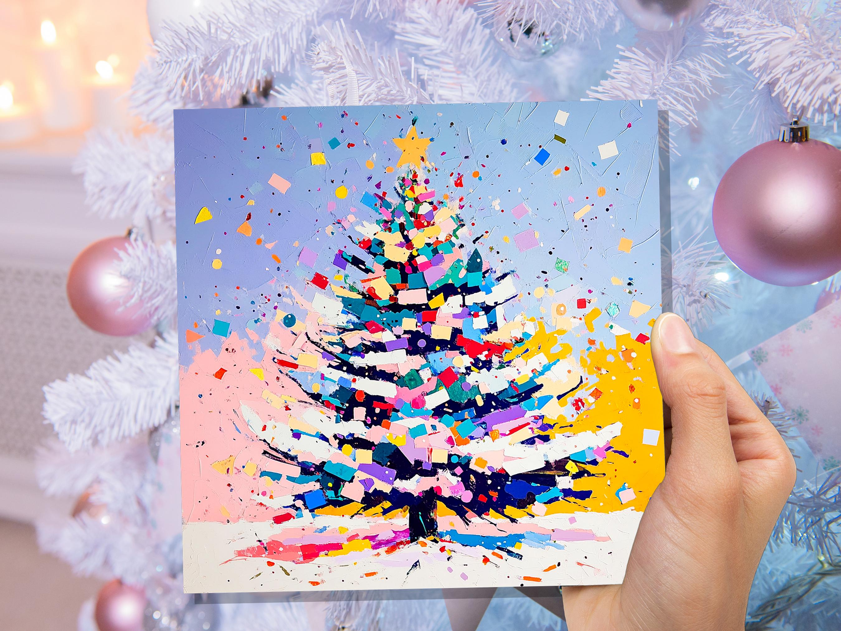 Colourful Confetti Christmas Tree Card Vibrant Unique Abstract Painting Festive Rainbow Palette for Artists Friends and Family New for 2025 - View 2