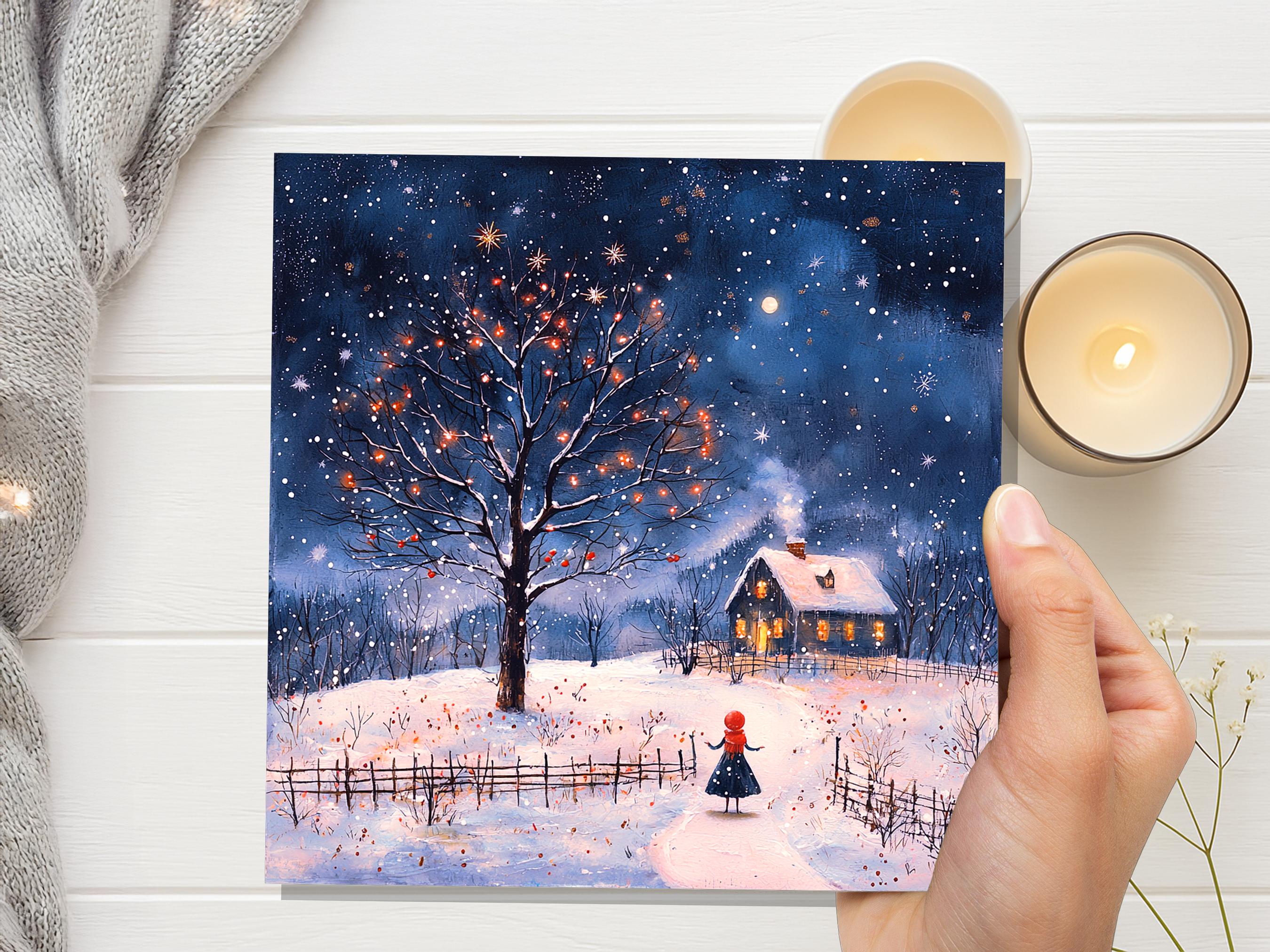 Cosy Cottage on Christmas Eve Card Snowy Scene Winter Visitor Enchanting Celestial Landscape with Starry Night Sky Unique Luxury Special - View 3