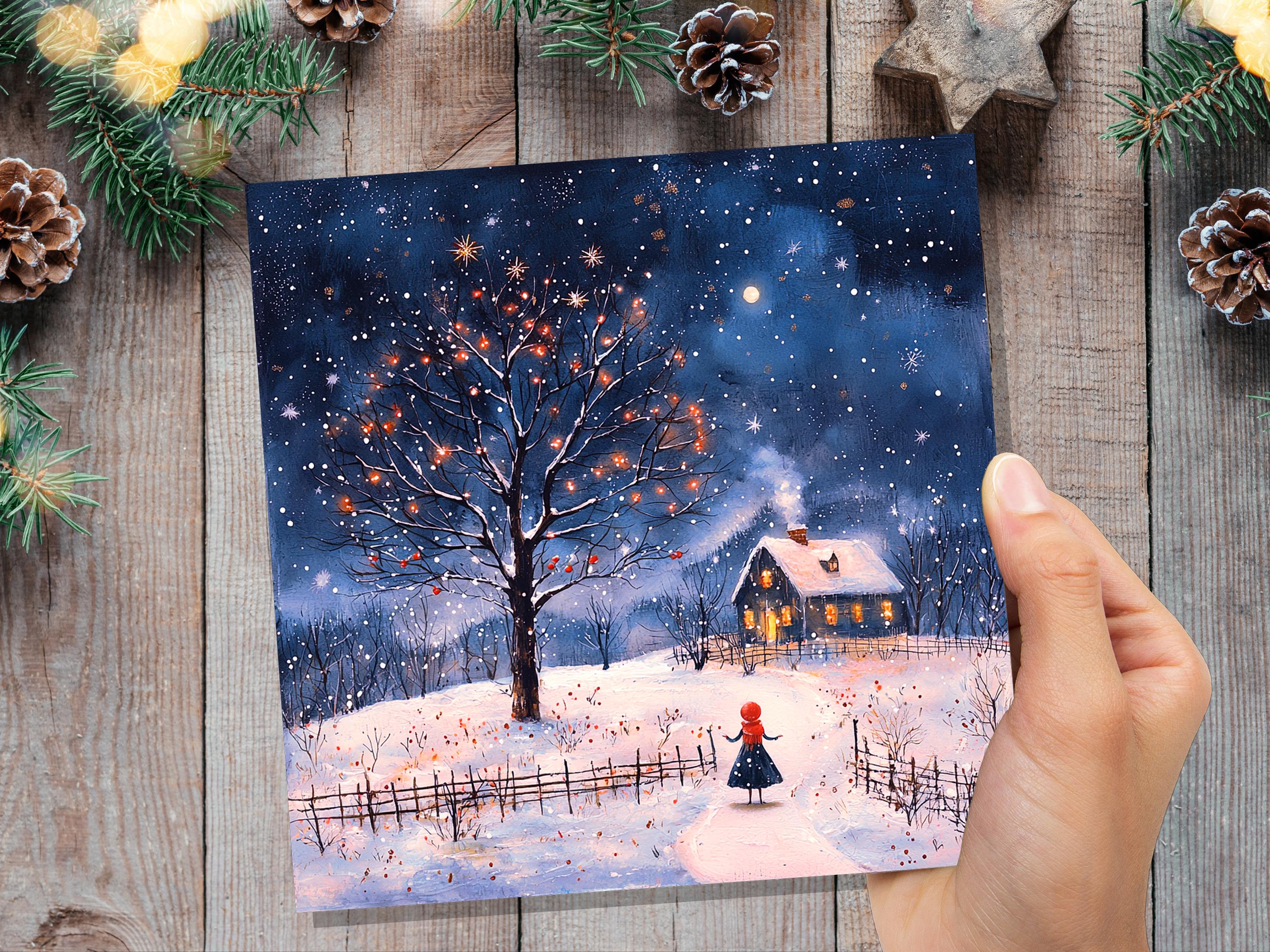 Cosy Cottage on Christmas Eve Card Snowy Scene Winter Visitor Enchanting Celestial Landscape with Starry Night Sky Unique Luxury Special - View 2