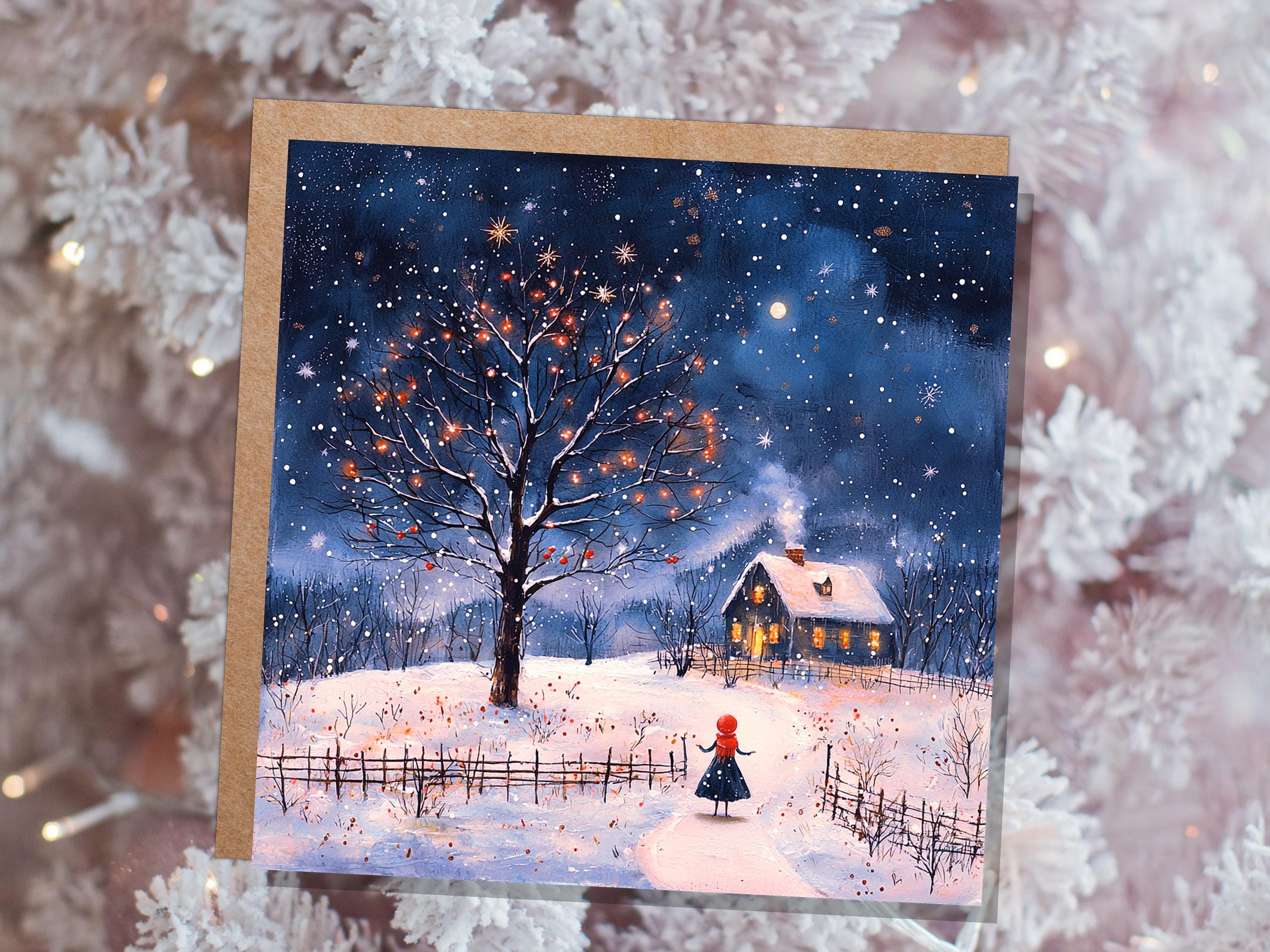 Cosy Cottage on Christmas Eve Card Snowy Scene Winter Visitor Enchanting Celestial Landscape with Starry Night Sky Unique Luxury Special - View 9