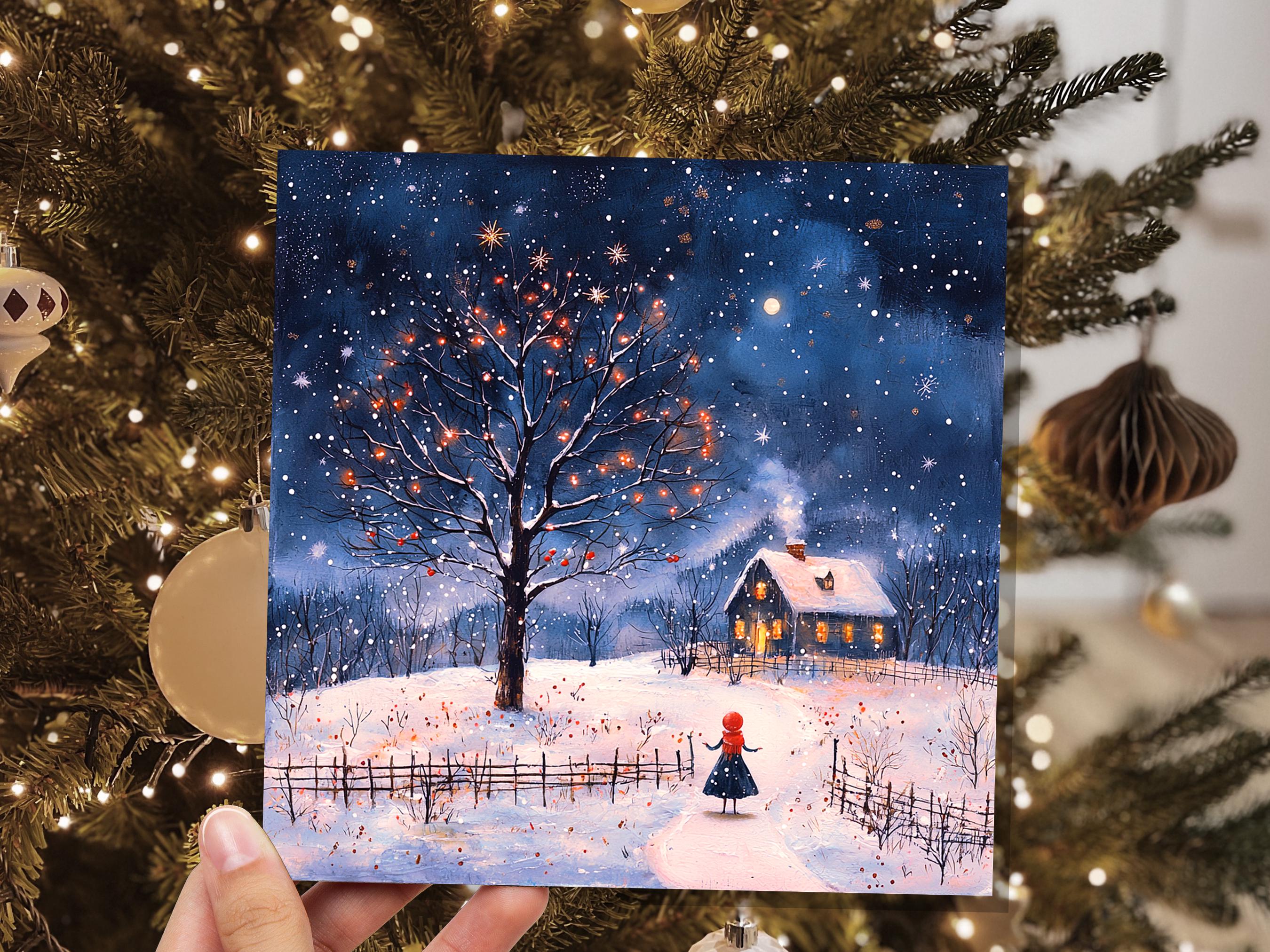 Cosy Cottage on Christmas Eve Card Snowy Scene Winter Visitor Enchanting Celestial Landscape with Starry Night Sky Unique Luxury Special - View 5