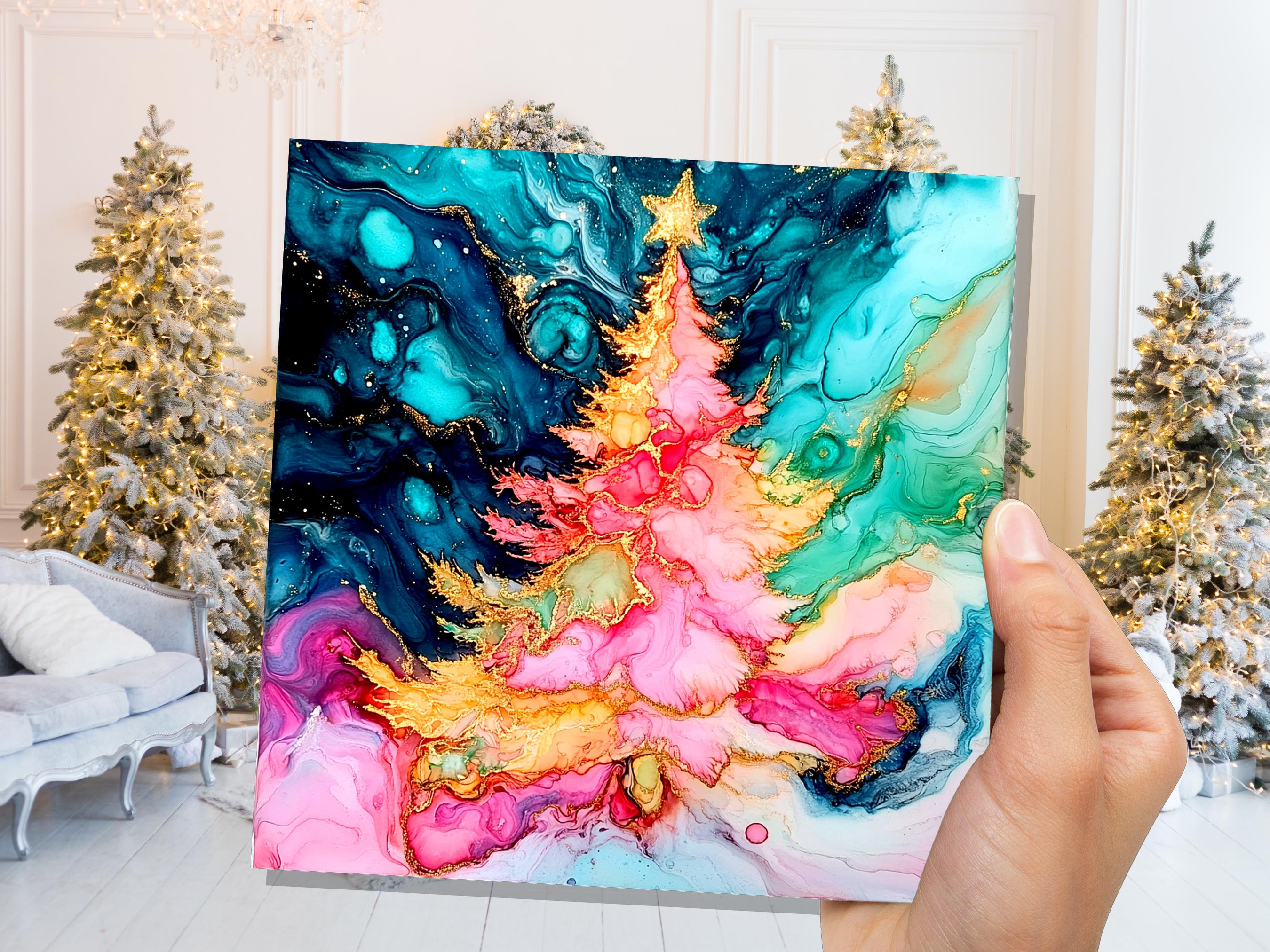 Abstract Christmas Tree Card Teal Pink Gold Alcohol Ink Fluid Art Print Luxury Alternative Holiday Greetings for Her Daughter Mum Artists - View 3