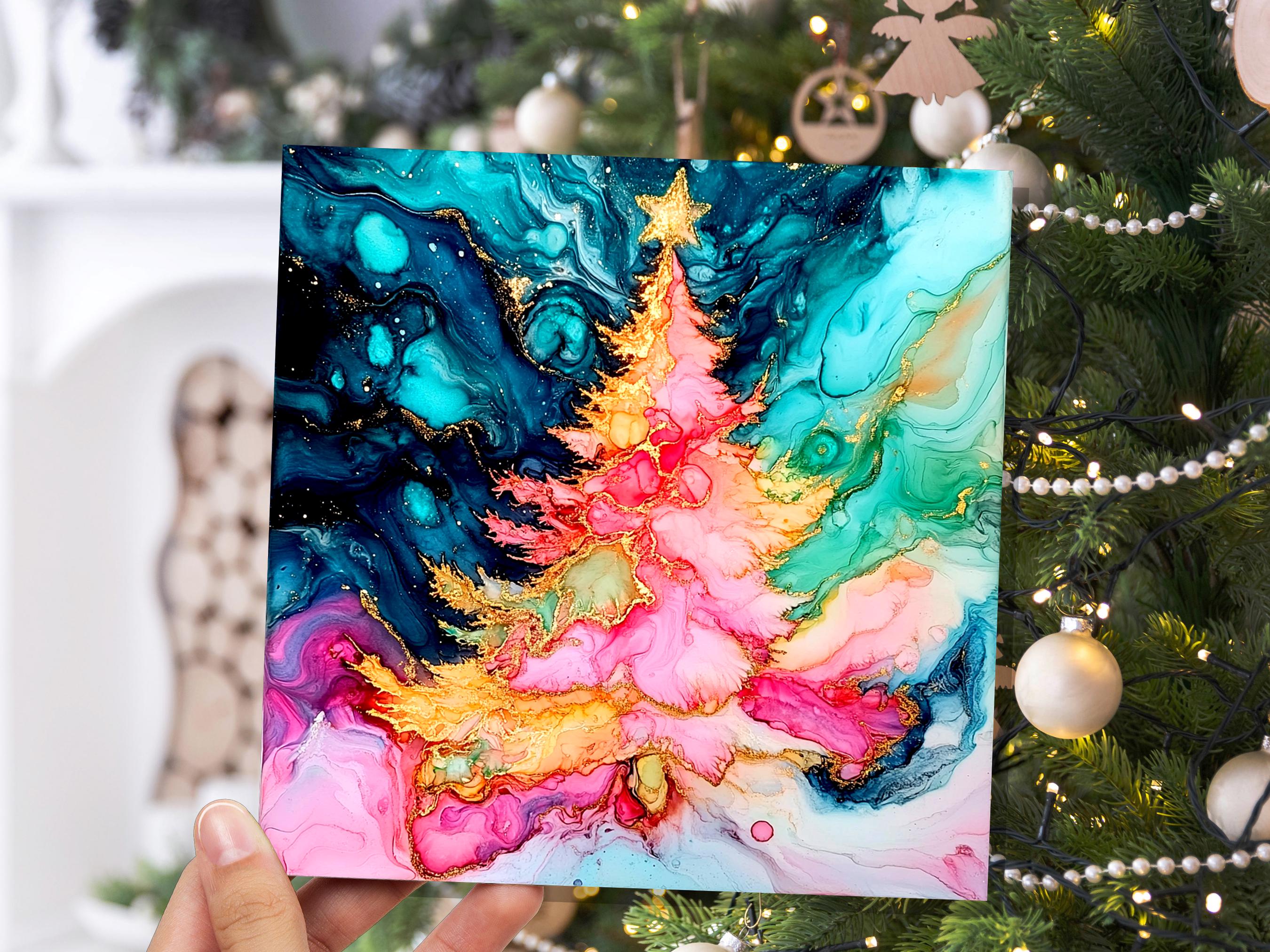 Abstract Christmas Tree Card Teal Pink Gold Alcohol Ink Fluid Art Print Luxury Alternative Holiday Greetings for Her Daughter Mum Artists - View 5