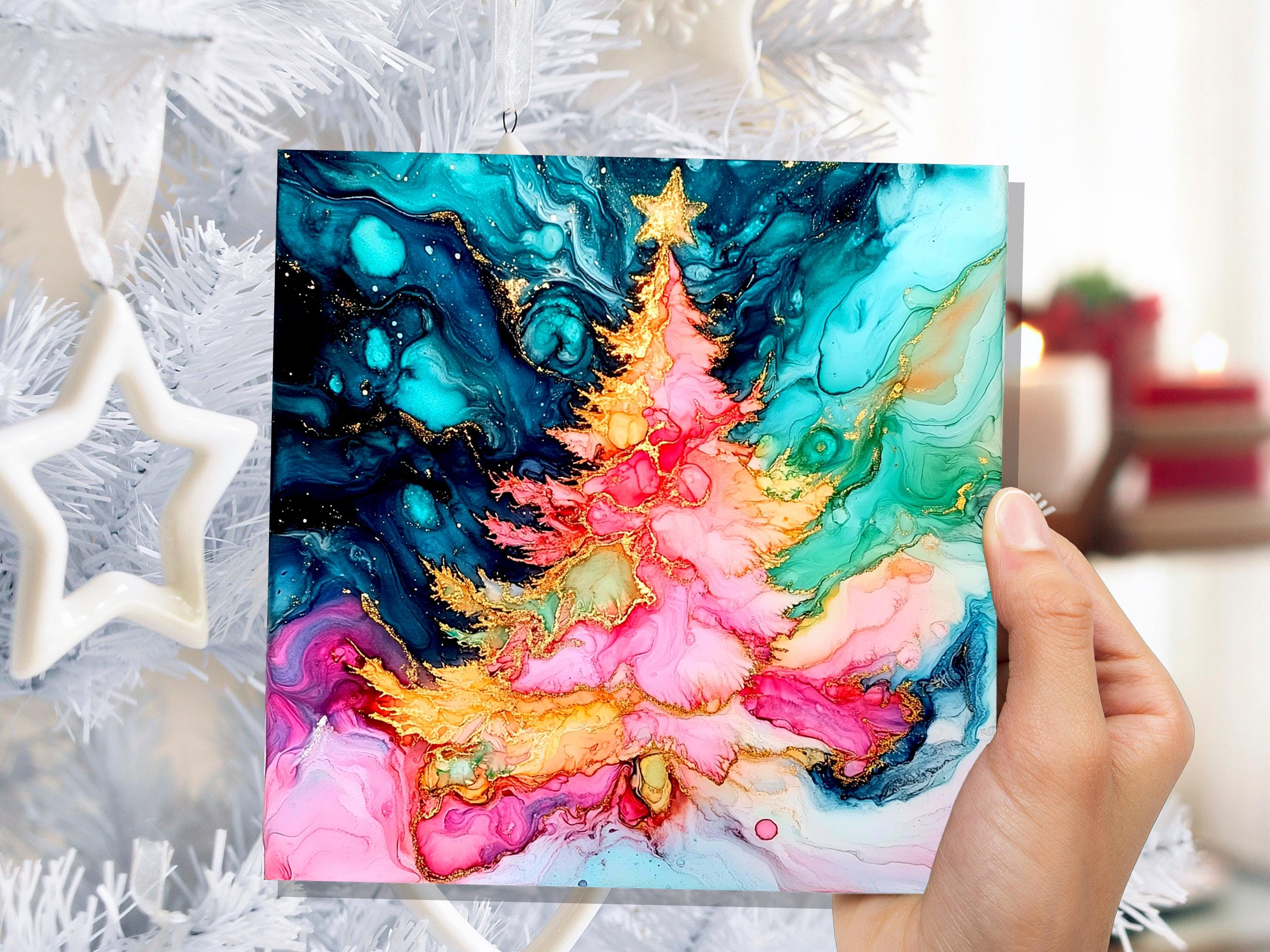 Abstract Christmas Tree Card Teal Pink Gold Alcohol Ink Fluid Art Print Luxury Alternative Holiday Greetings for Her Daughter Mum Artists