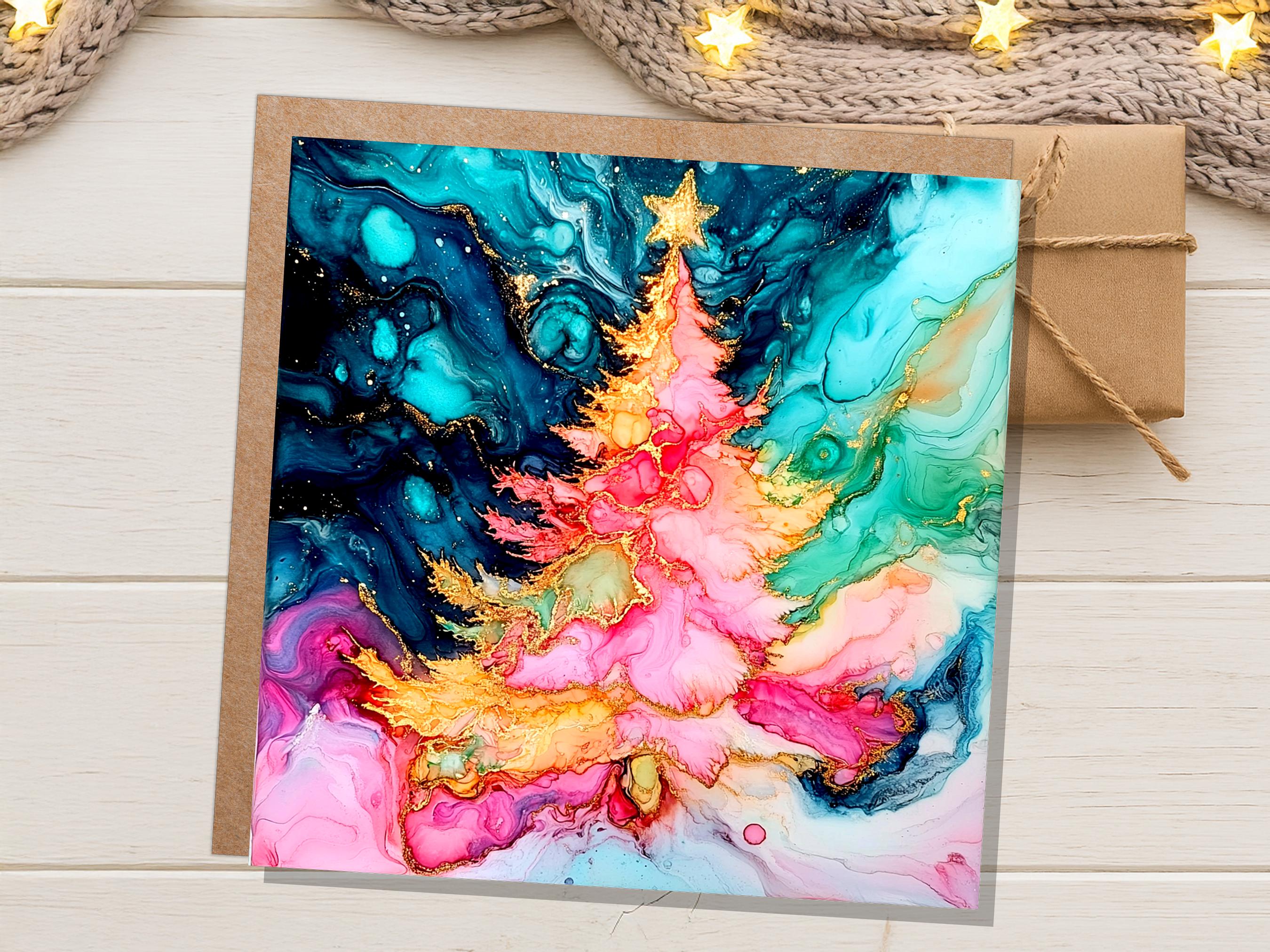 Abstract Christmas Tree Card Teal Pink Gold Alcohol Ink Fluid Art Print Luxury Alternative Holiday Greetings for Her Daughter Mum Artists - View 7