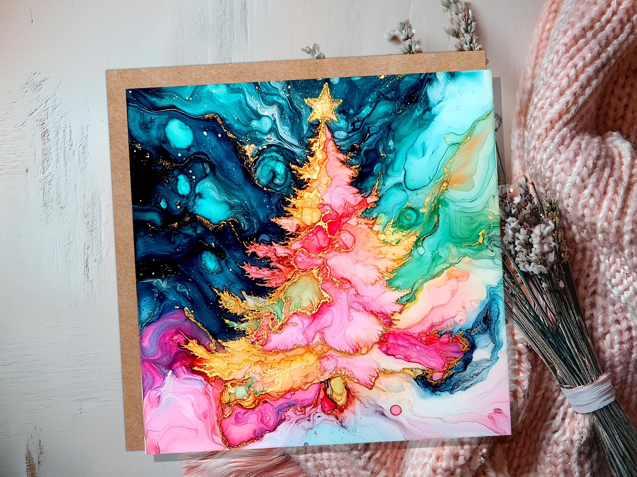 Abstract Christmas Tree Card Teal Pink Gold Alcohol Ink Fluid Art Print Luxury Alternative Holiday Greetings for Her Daughter Mum Artists - View 8