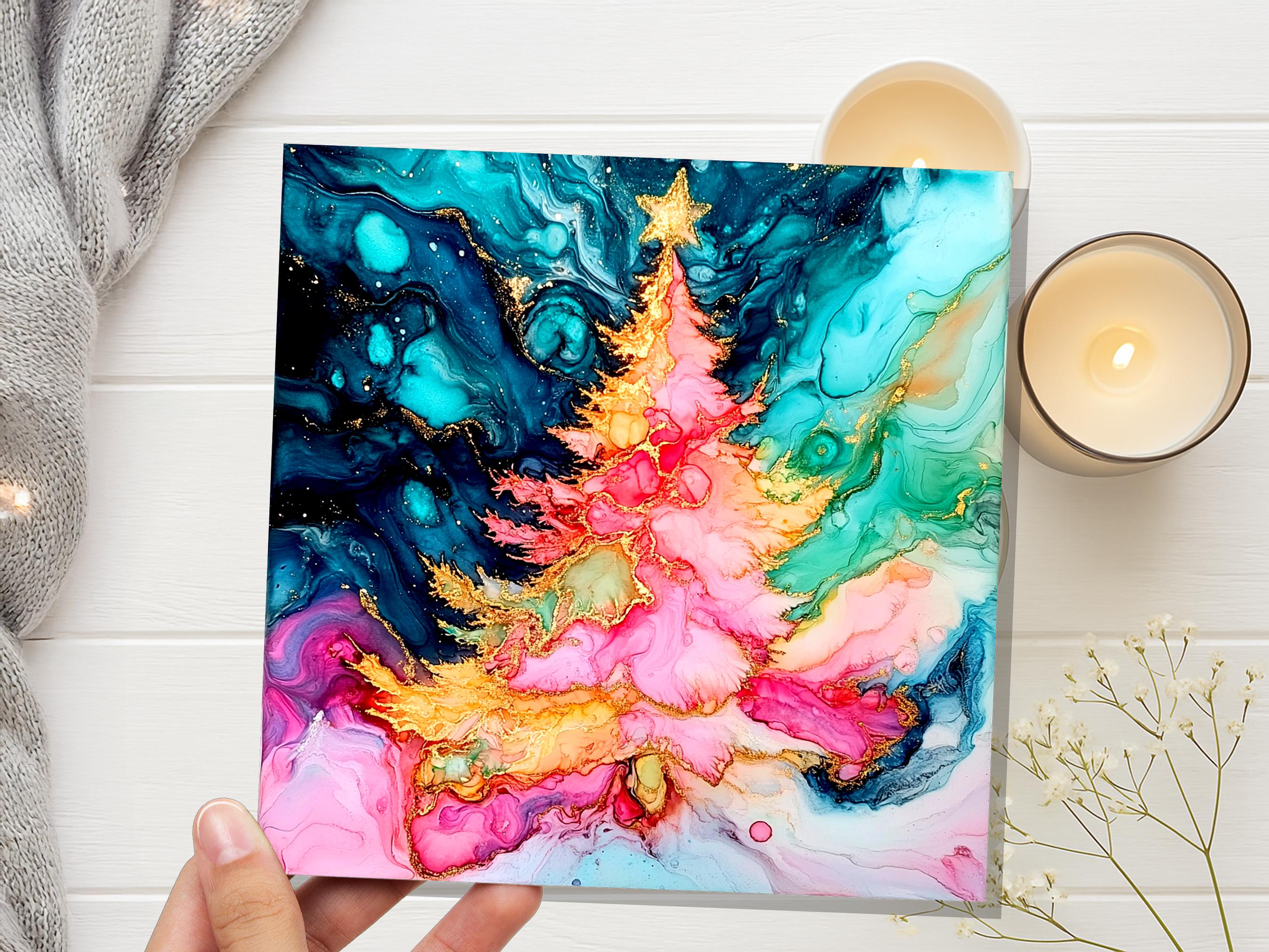 Abstract Christmas Tree Card Teal Pink Gold Alcohol Ink Fluid Art Print Luxury Alternative Holiday Greetings for Her Daughter Mum Artists - View 6